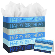13" Large Happy Birthday Gift Bag with Tissue Paper,Card and Handles for Men Boy Kid Birthday Party (Blue Stripes)