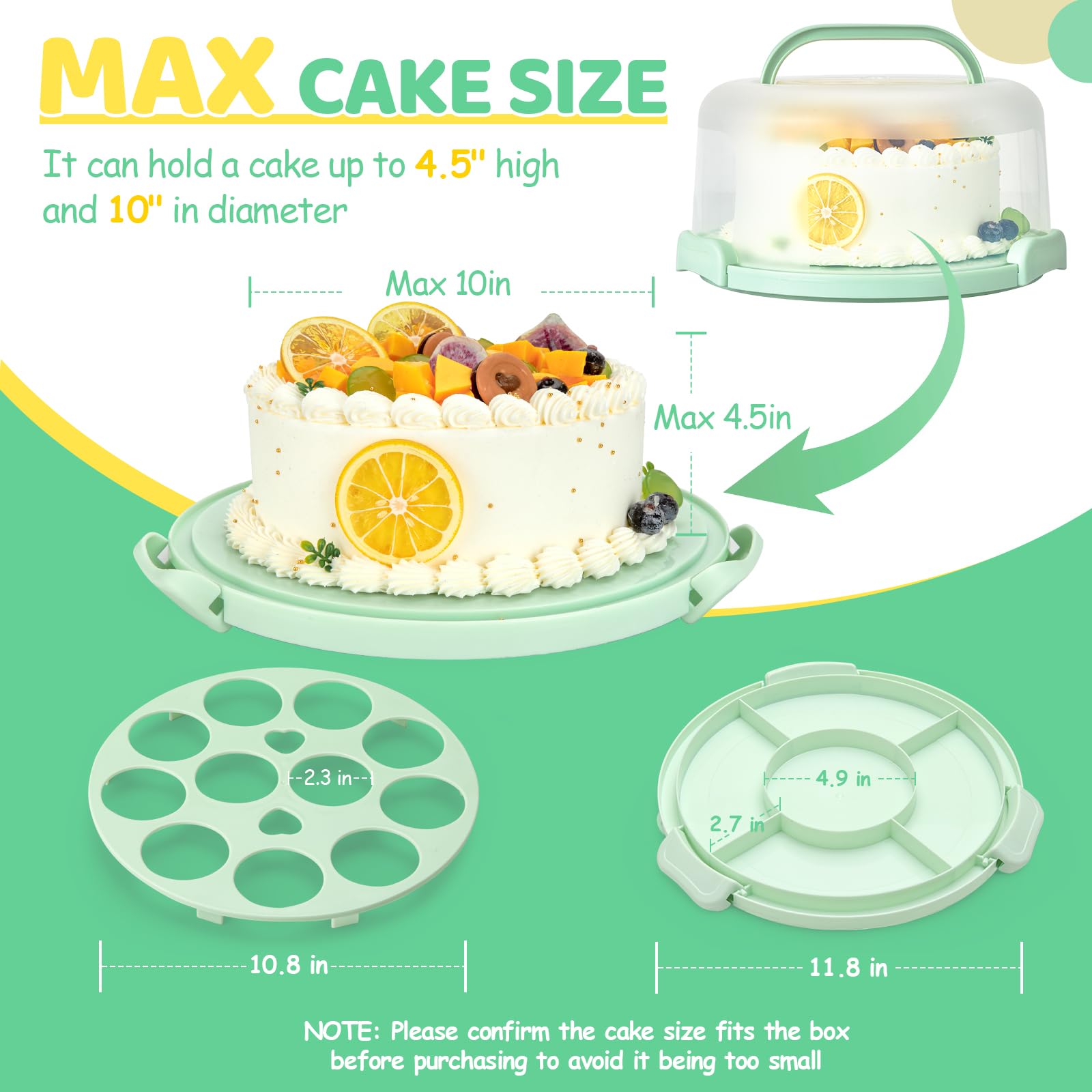 Ohuhu Cake Carrier with Lid and Handle, BPA-Free Cake Containers Cake Holder for 10 inch Cake with 2 Handles Cupcake Carrier - Plastic Cover Two Sided Base for Transport Pies Nuts Fruit Perfect Gifts
