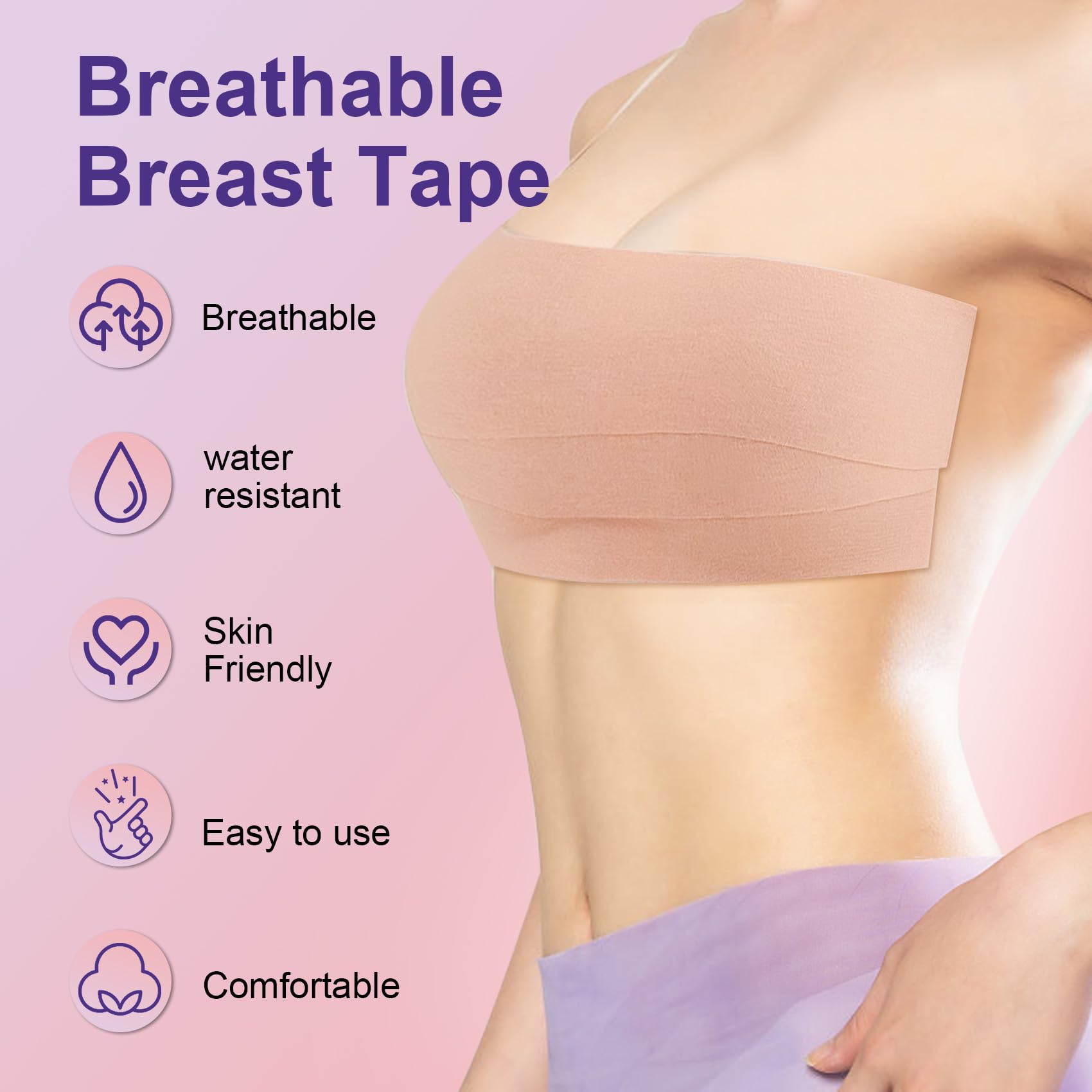 Mciotk Boob Tape Kit - Boobytape for Breast Lift w 1 Body Tape, 2 Pcs Silicone Breast Petals,12 Pcs Satin Nipple Stickers, 36 Pcs Double Sided Tape, BoobTape for Large Breasts A-G Cup Beige