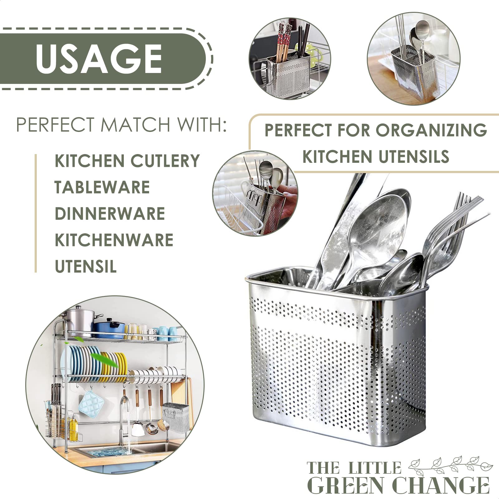Kitchen Utensils Chopsticks Holder Drying Rack Basket with Hooks 2 Divided Compartments Quality Stainless Steel Large L5.4 X H4.3 X W2.6