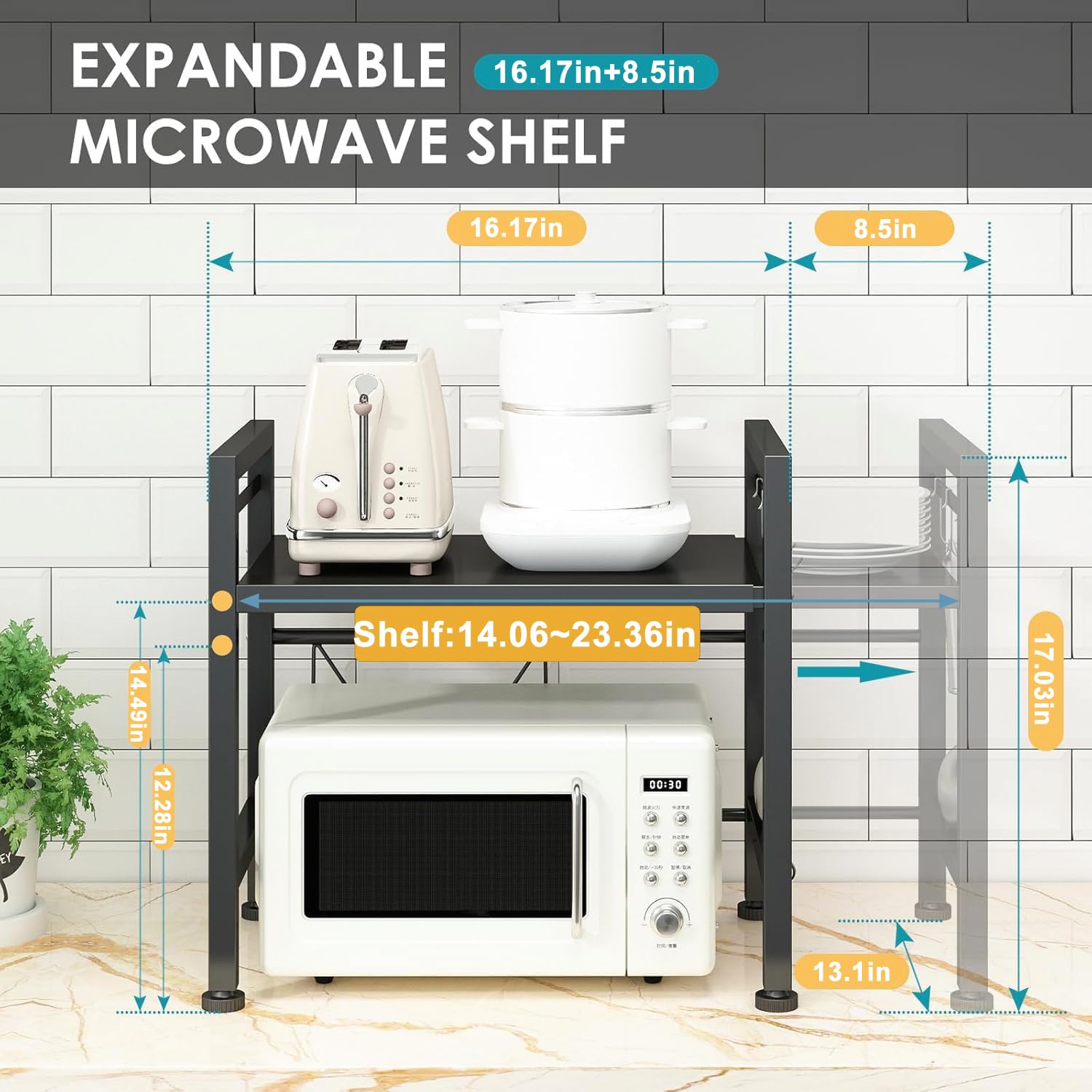 DOLALIKE Microwave Oven Rack, Expandable Microwave Stand Countertop Kitchen Utensils Tableware Storage, Carbon Steel Over Microwave Shelf Countertop with 3 Hooks