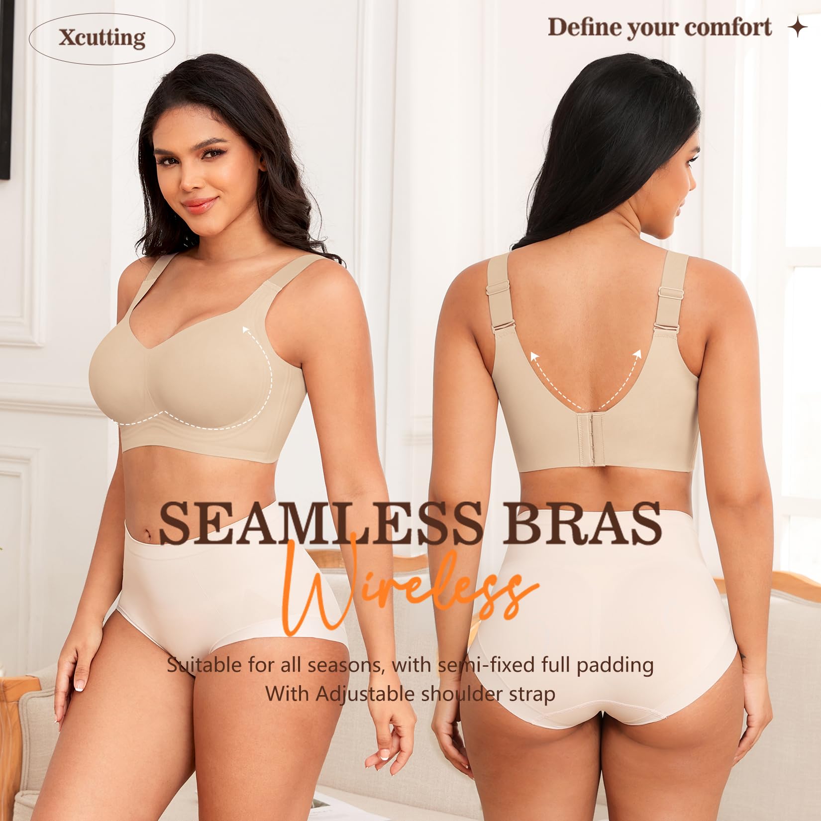 Xcutting Soft Sleep Wirefree Bras for Women Full Coverage No Underwire Wireless Bras Comfortable Sports Bras for Sagging Breasts Padded (Nude,2X-Large)