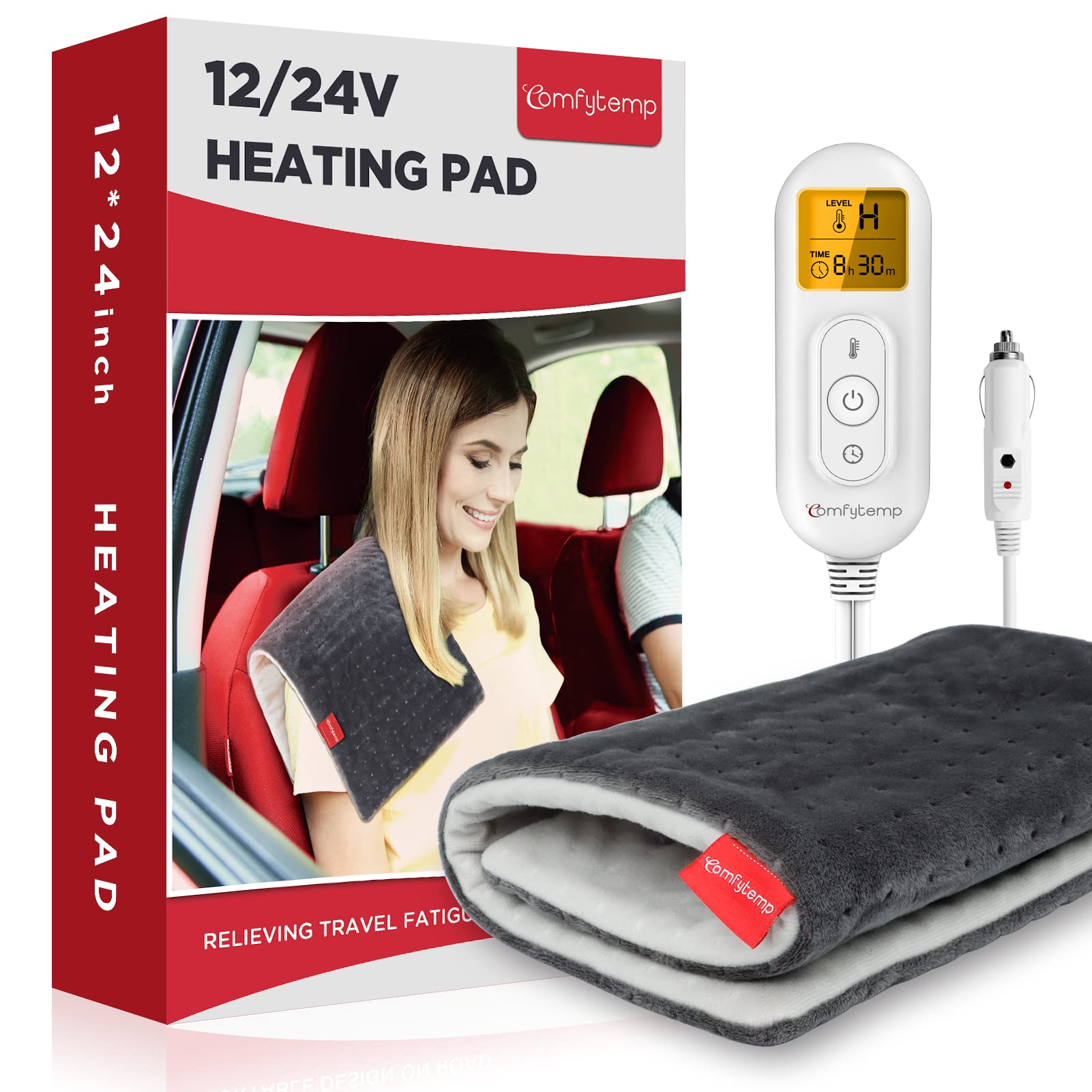 Comfytemp 12V/24V Car Electric Blanket for Back Pain Relief, 4 Heat Settings, 11 Auto-Off, Portable Mini Travel Blanket for Back Pain, Neck, Shoulders and Cramps Relief, 12" x 24" Washable