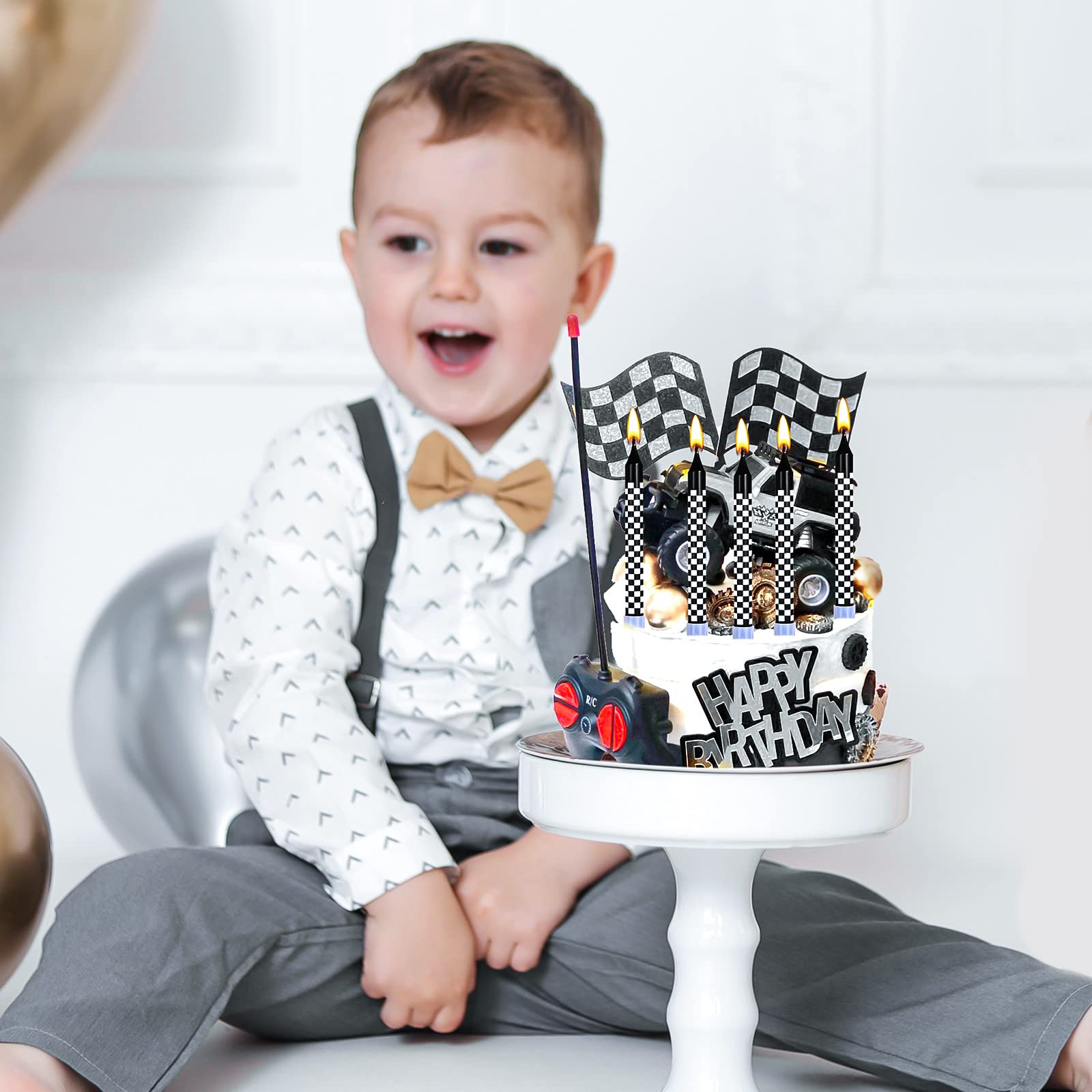Cindeer 12 Pcs Racing Cars Themed Birthday Candles Black and White Checkered Flag Cupcake Topper for Racing Cars Party Decoration Baby Shower for Boys Children