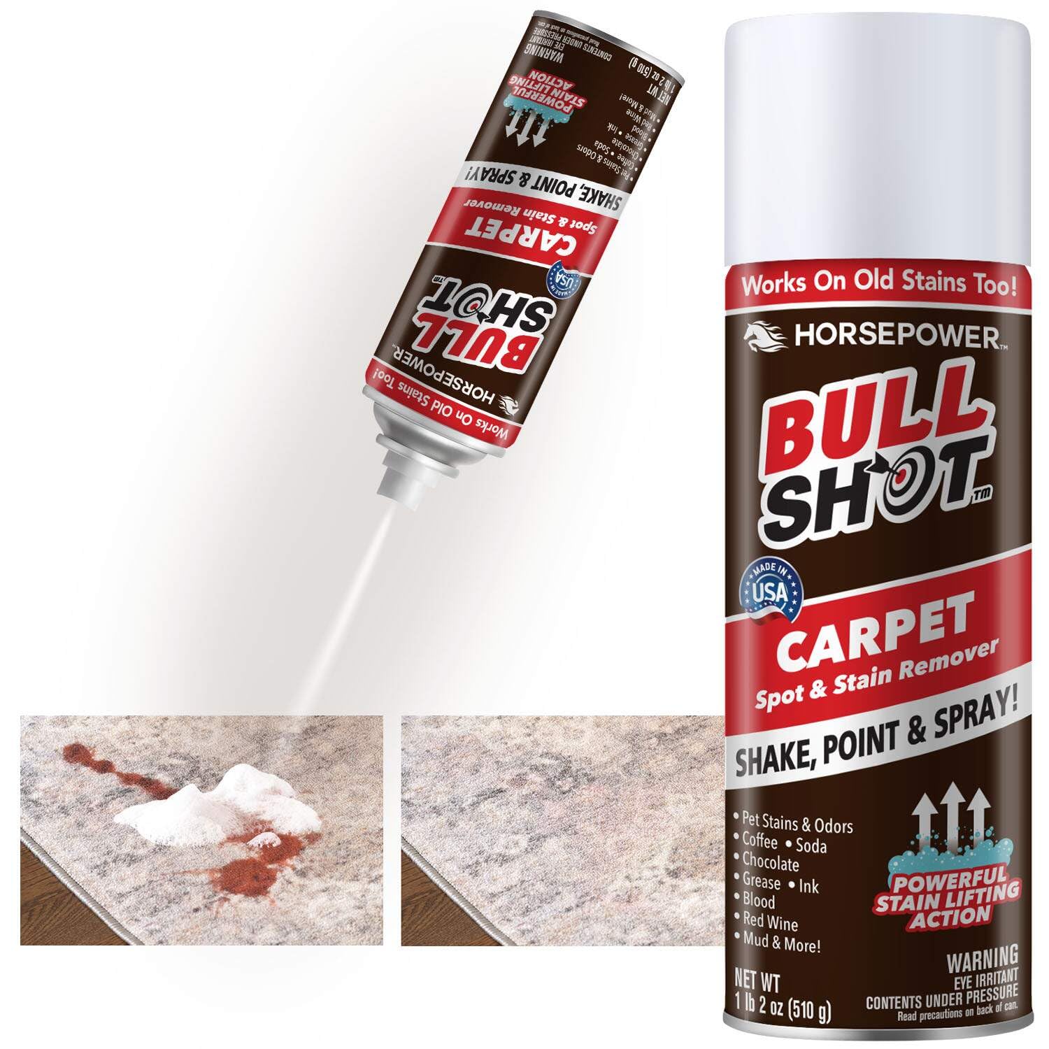 Bull Shot Carpet Spot & Stain Remover by Horsepower, AS-SEEN-ON-TV, Made In USA, Just Point & Spray, Stain-Lifting Foam-Action, Pet Stains & Odors, Coffee, Soda, Wine, Grease, New & Old Stains & More