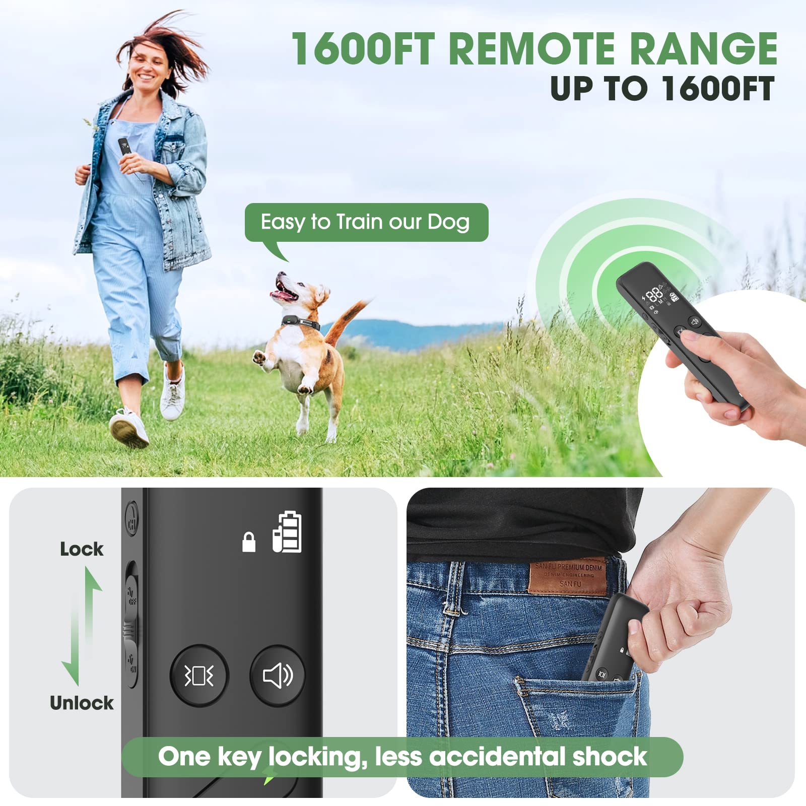 Dog Shock Collar - Electric Dog Training Collar with Remote 1600FT, Rechargeable E-Collar Waterproof Collars with 3 Training Modes, Security Lock for All Breeds, Sizes