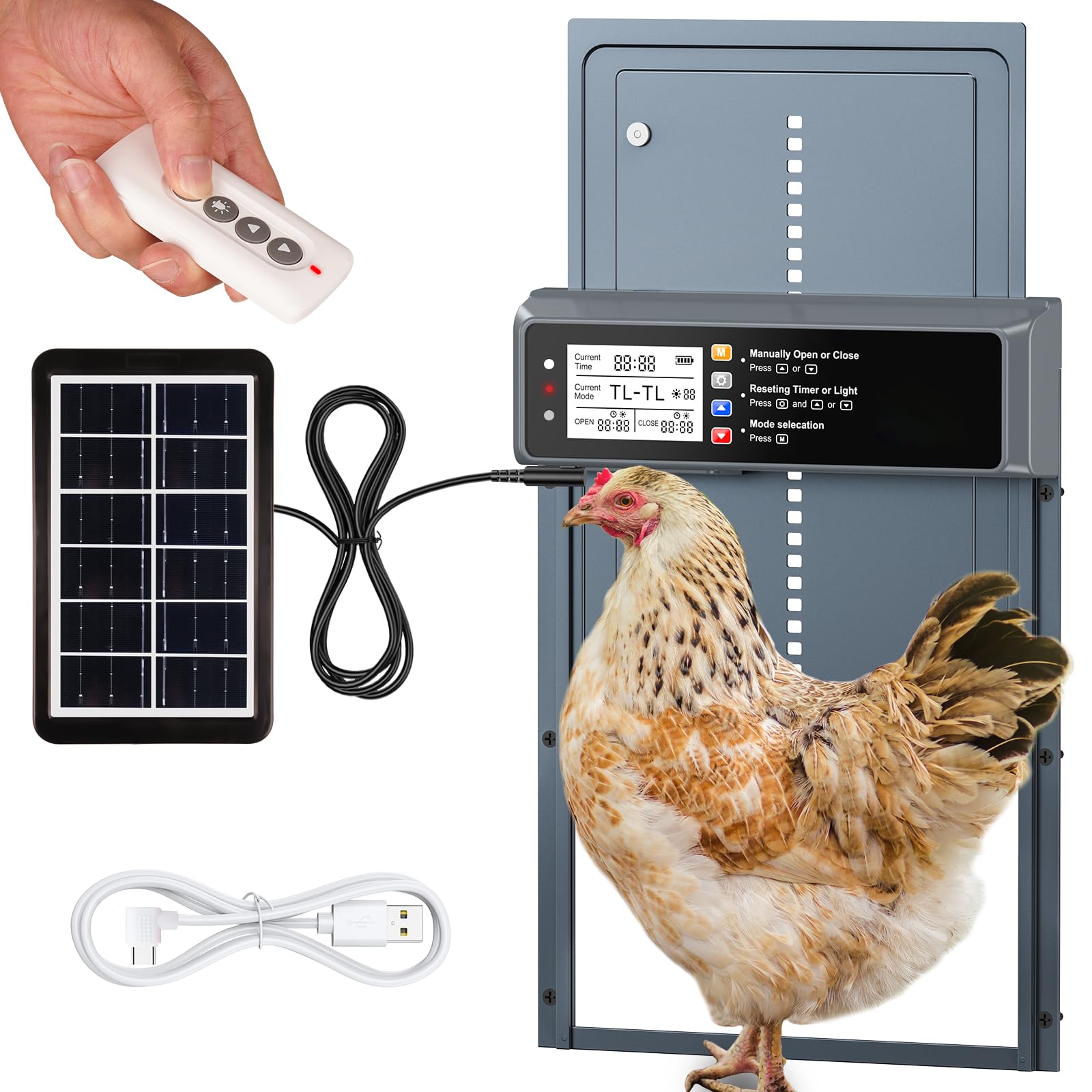 NyPots Automatische Hühnerstalltür Solarbetrieben, LCD-Display Automatische Hühnertür mit Timer & Lichtsensor 4 Modi, Hühnertür aus Aluminiumlegierung, Reichweite 20m Fernbedienung Solar-Hühnerstalltür