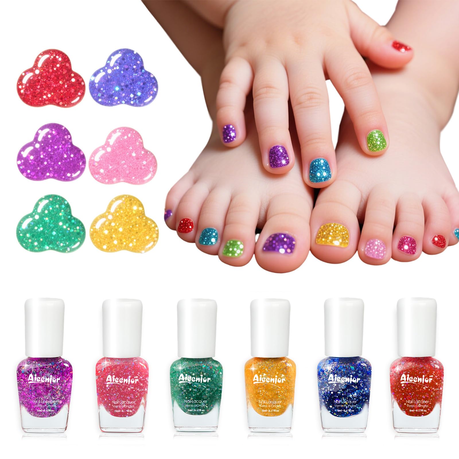 Aieenjor Ungiftiges Kinder Nagellack-Set, Glitter Schnell Trocknender Fingernagellack für Kleinkinder, Wasserbasierter Abziehbarer Nagellack für Kinder, 6 Farben Regenbogen für Halloween und DIY Geschenk für Kinder ab 3 Jahren