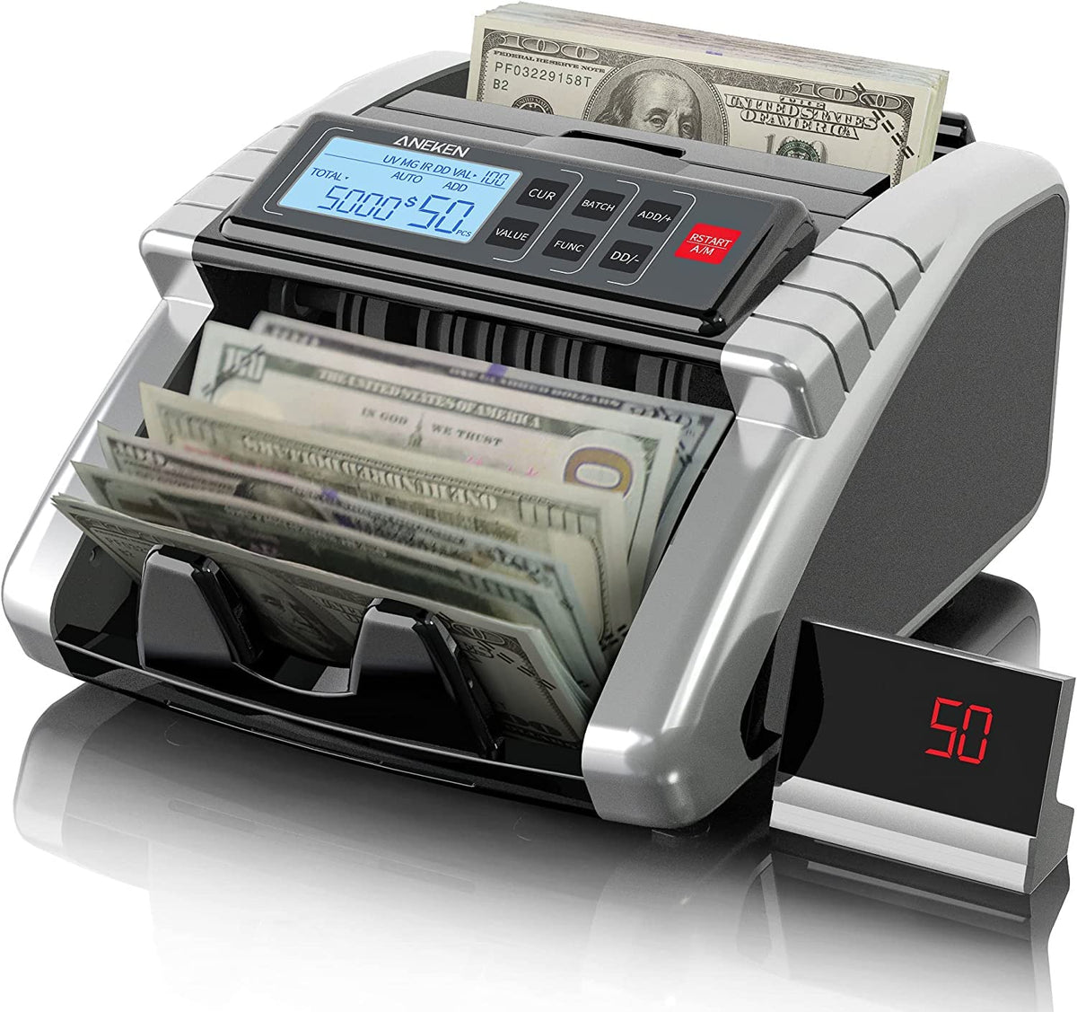 Aneken Geldscheinprüfgerät mit Wertzählung, Dollar, Euro UV/MG/IR/DD/DBL/HLF/CHN Falschgelddetektoren, Additions- und Bündelmodi, Kassenautomat mit LCD-Anzeige