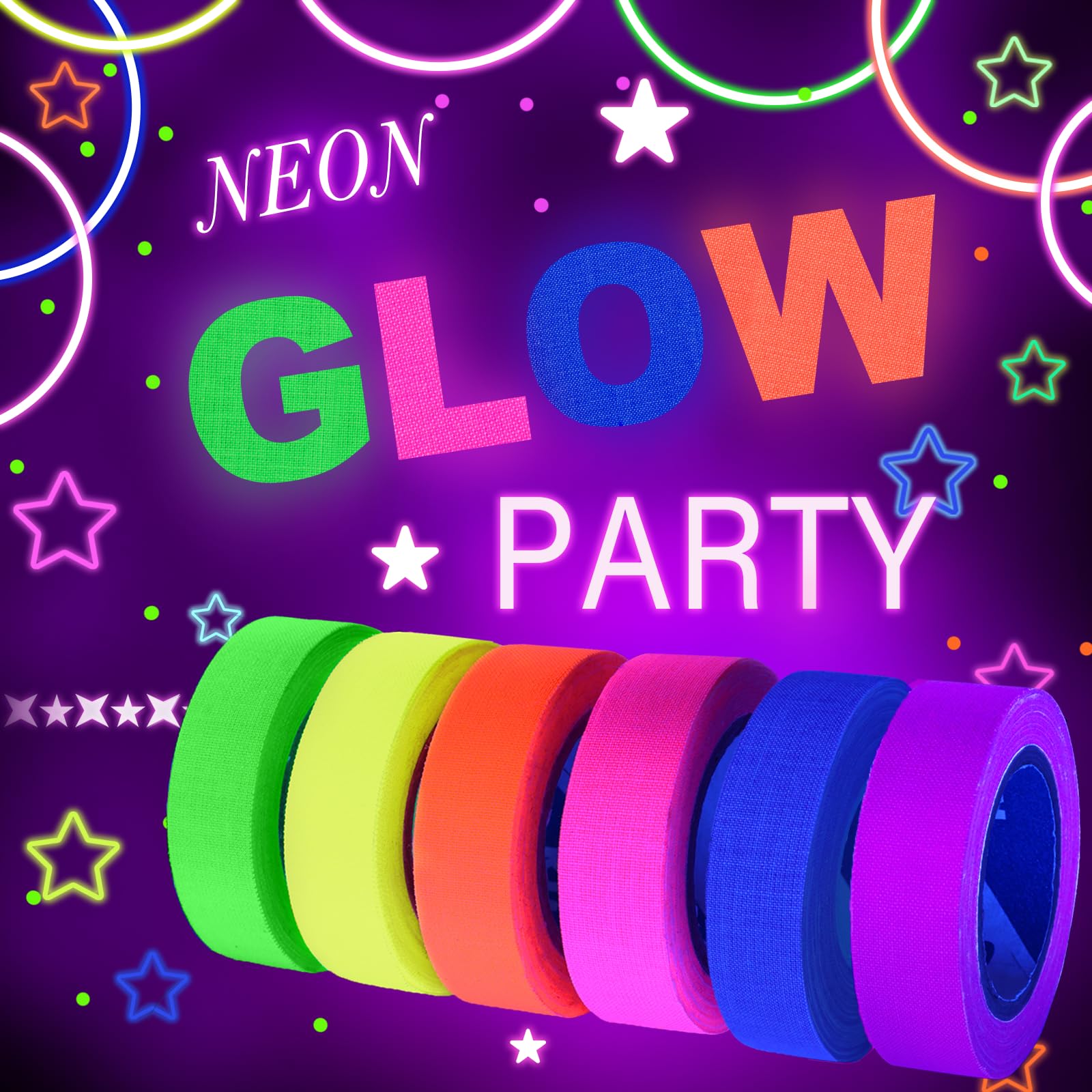 KIWIHUB UV Blacklight Reactive Fluorescent Cloth/Neon Gaffer Tape, Super Bright Spike Tape for Glow Party Supplies, 0.6inch x 16.5ft per Color