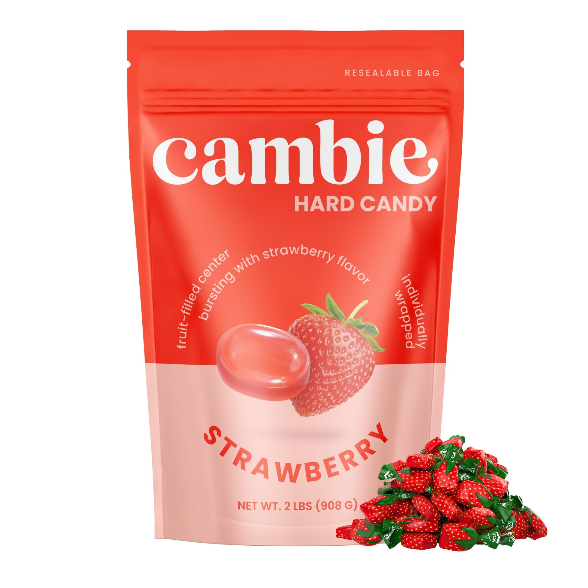 Strawberry Hard Candy Individually Wrapped – Cambie Bulk Candy with Fruit-Filled Center, 2 lbs Bon Bons for Piñata Filler, Candy Bags, Party Favors