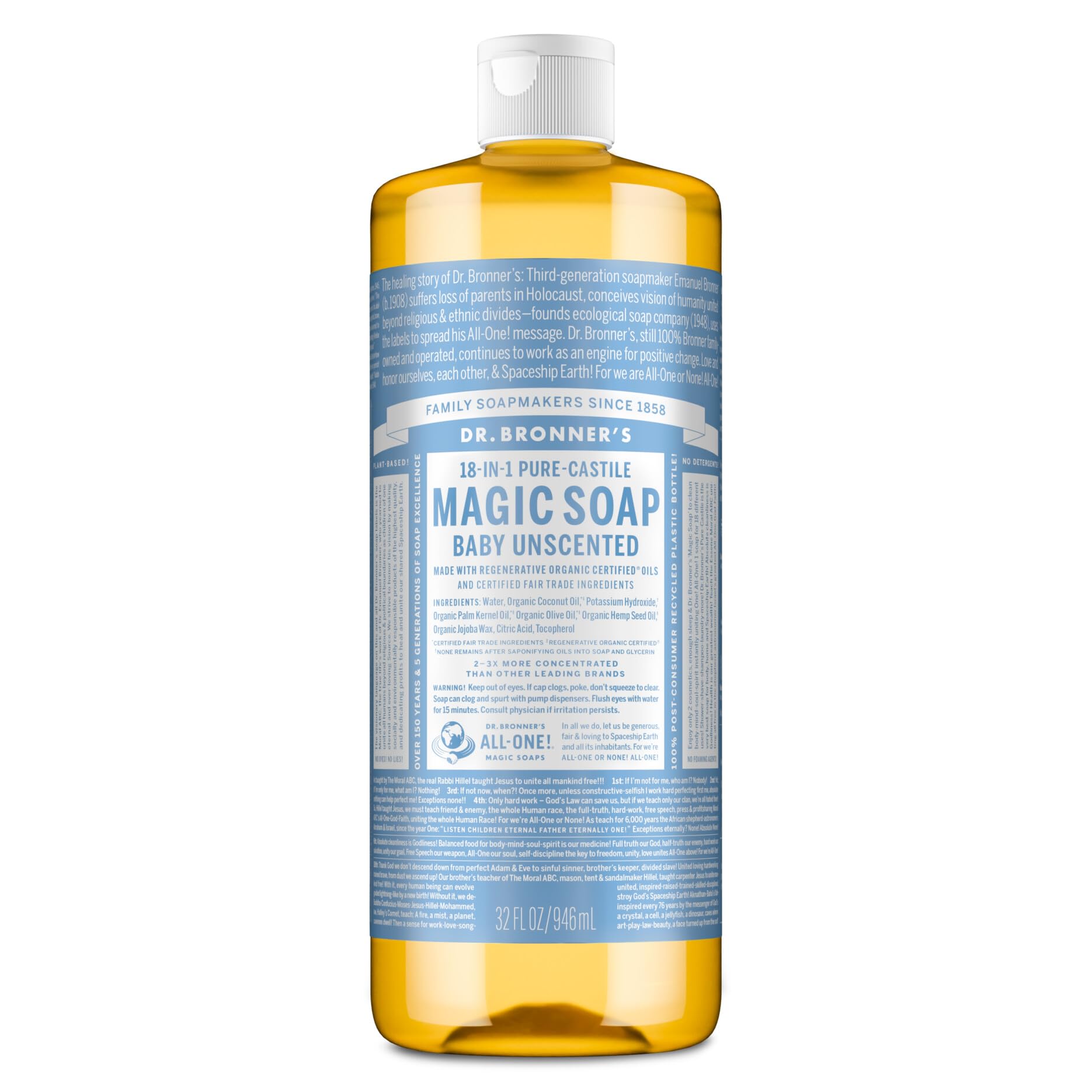 Dr. Bronner's Pure-Castile Magic Liquid Soap - Made with Regenerative Organic Certified Oils - 18-in-1 Uses for Face, Body, Hand Gentle on Baby & Sensitive Skin Body Wash Unscented,32oz