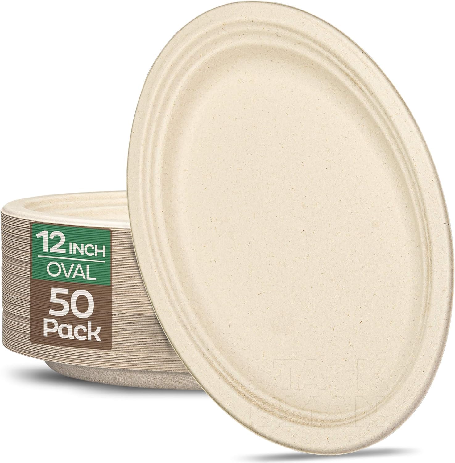 100% Compostable Oval Paper Plates [50-Pack] - {PFAS-Free} - {BPI Certified} - [12 Inch] Heavy Duty, Eco-Friendly, Biodegradable Bagasse Platters - Natural Brown 12" Oval Platter Plates by Stack Man