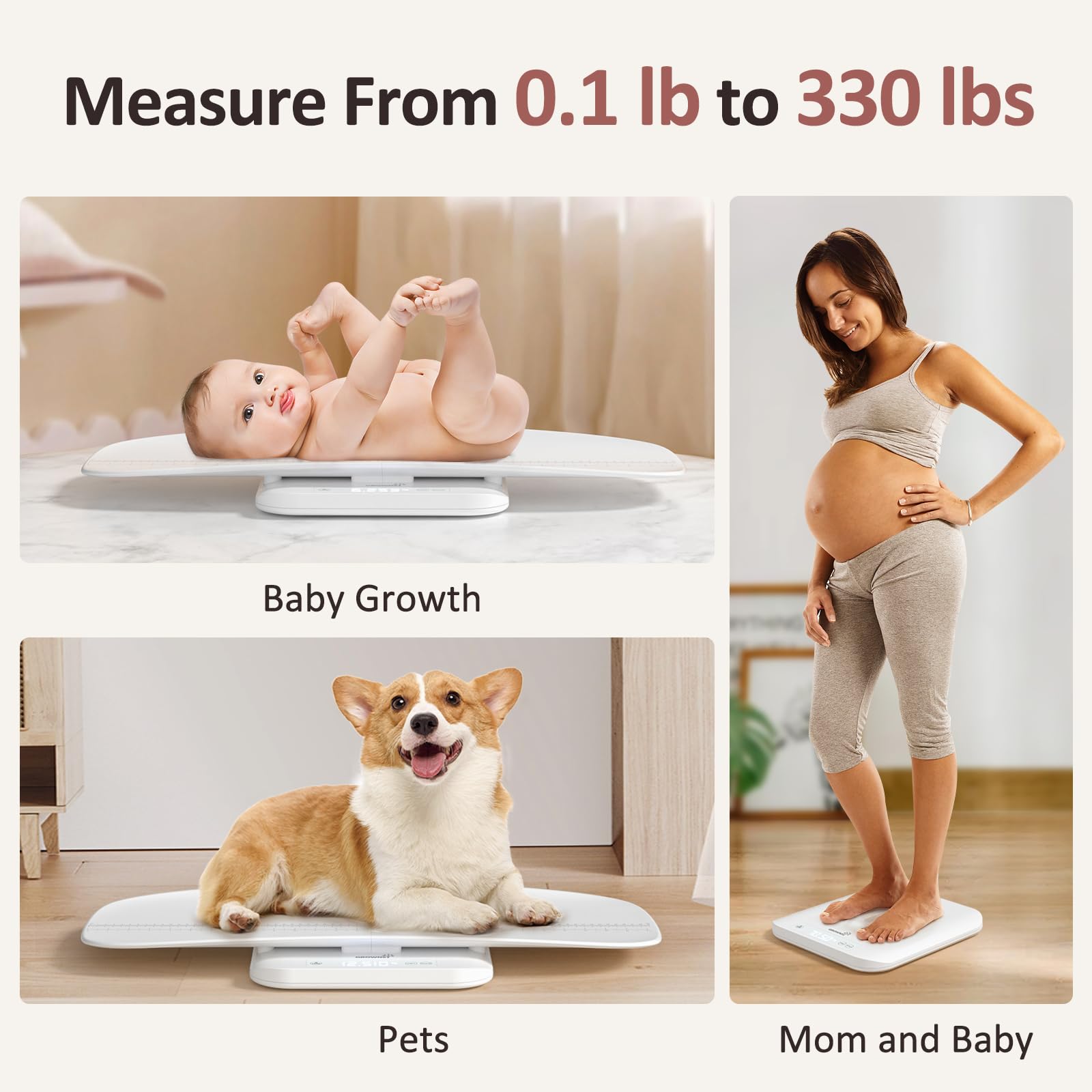 Baby Scale, Multifunctional Baby Weight Scale, Pet Scale for Puppy, Cat, Adult Scale Up to 330lbs, Accurate Digital Scale with Hold Function, 27-inch Height Measurement, 5 Units, LED Screen