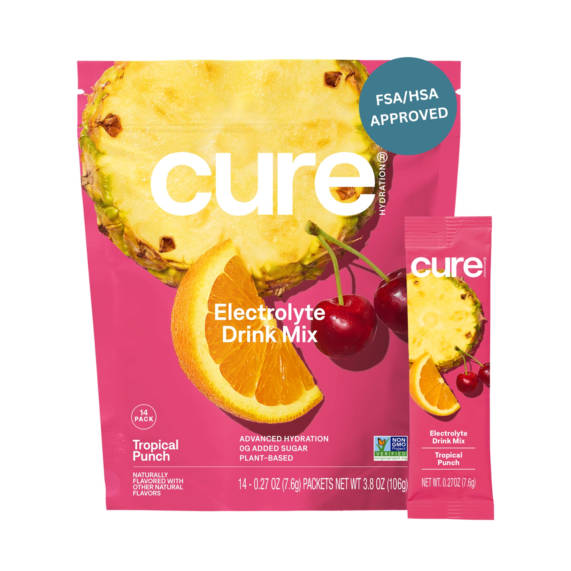 Cure Hydration | Plant-Based Electrolyte Drink Mix | No Added Sugar | Dehydration Relief Powder Made with Coconut Water | Non-GMO | Vegan | FSA & HSA | Pouch of 14 Packets - Berry Pomegranate
