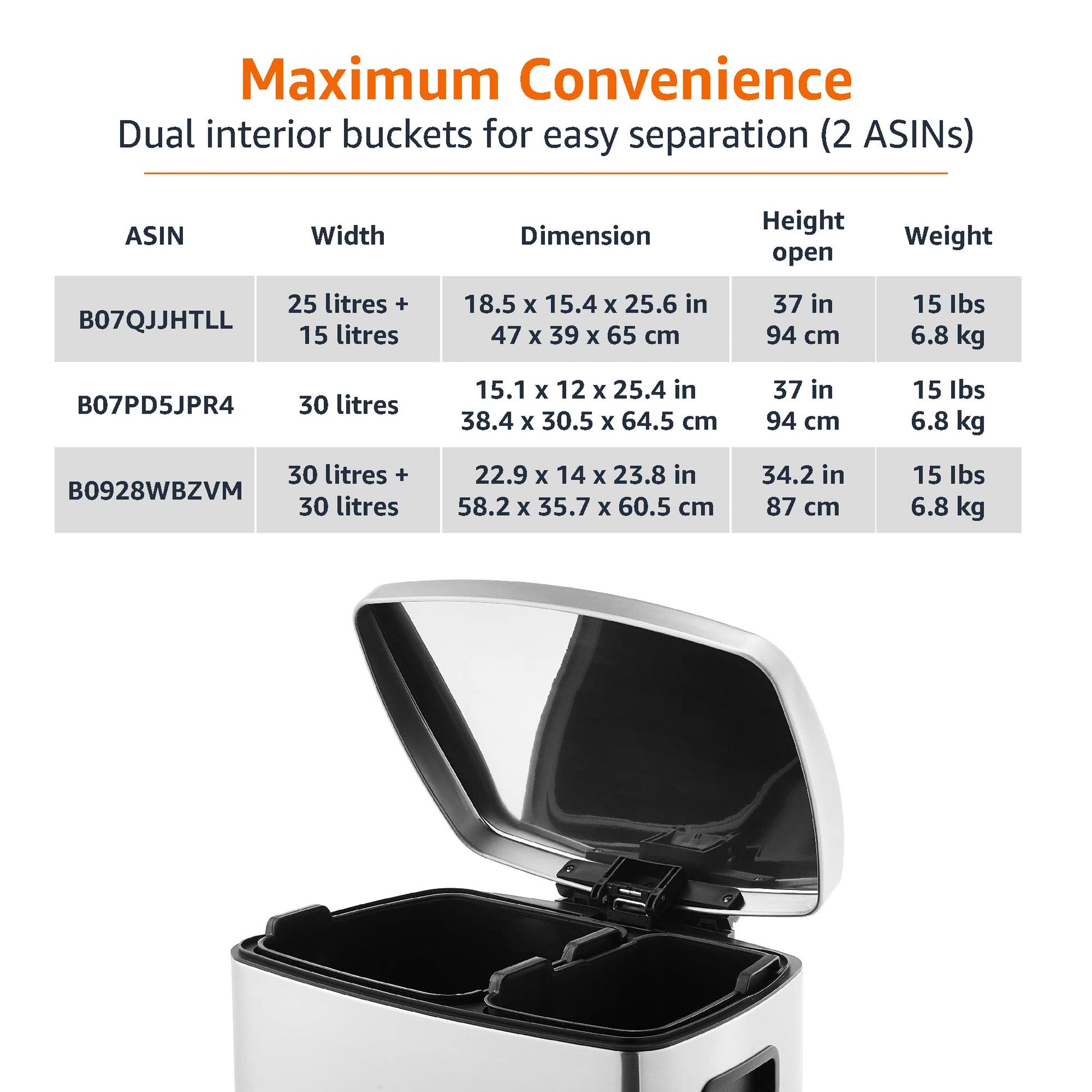 Amazon Basics Dual Compartment Recycling Trash Can with Soft-Close Lid and Removable Liner Buckets, 60 Liters, Rectangular, Grey, Silver
