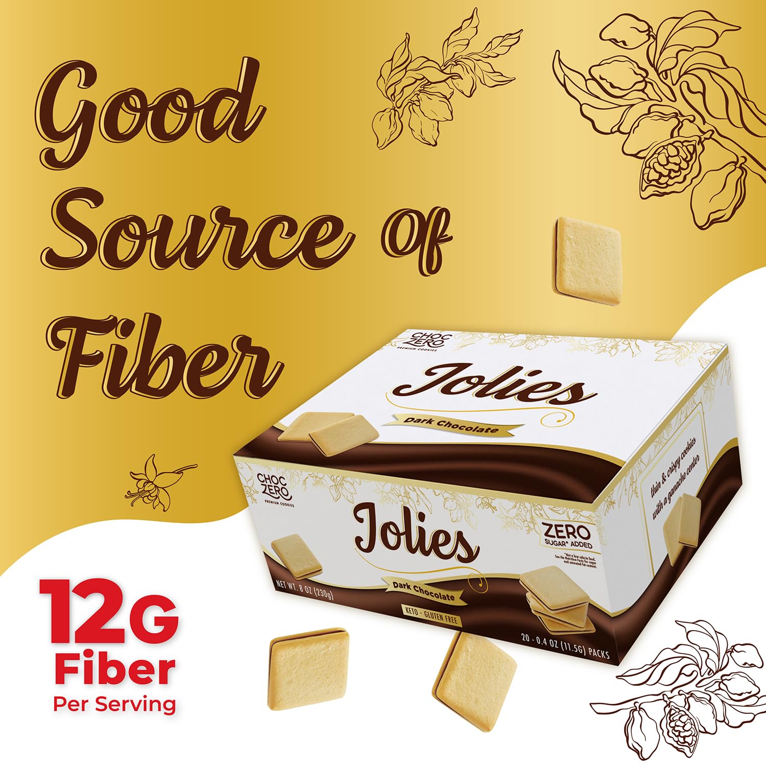 ChocZero Chocolate Cookies, Dark Chocolate Jolies, Gluten Free, No Added Sugar, 20 Crispy Chocolate Filled Keto Cookies Per Box, 8 Ounce (Pack of 1)