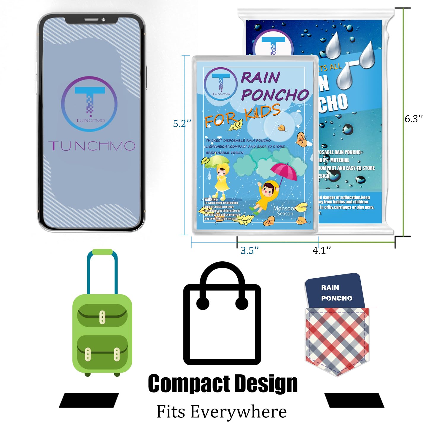 TUNCHMO Disposable Rain Ponchos Family 6 Pack Adults kids 50% Extra Thicker Emergency Ponchos with Hood
