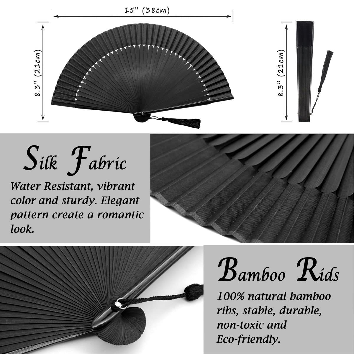 OMyTea Folding Hand Fan for Women - Foldable Chinese Japanese Vintage Bamboo Silk Fan - for Hot Flash, Church, Decoration, EDM, Music Festival, Dance, Party, Performance, Gift (Solid Sexy Black)