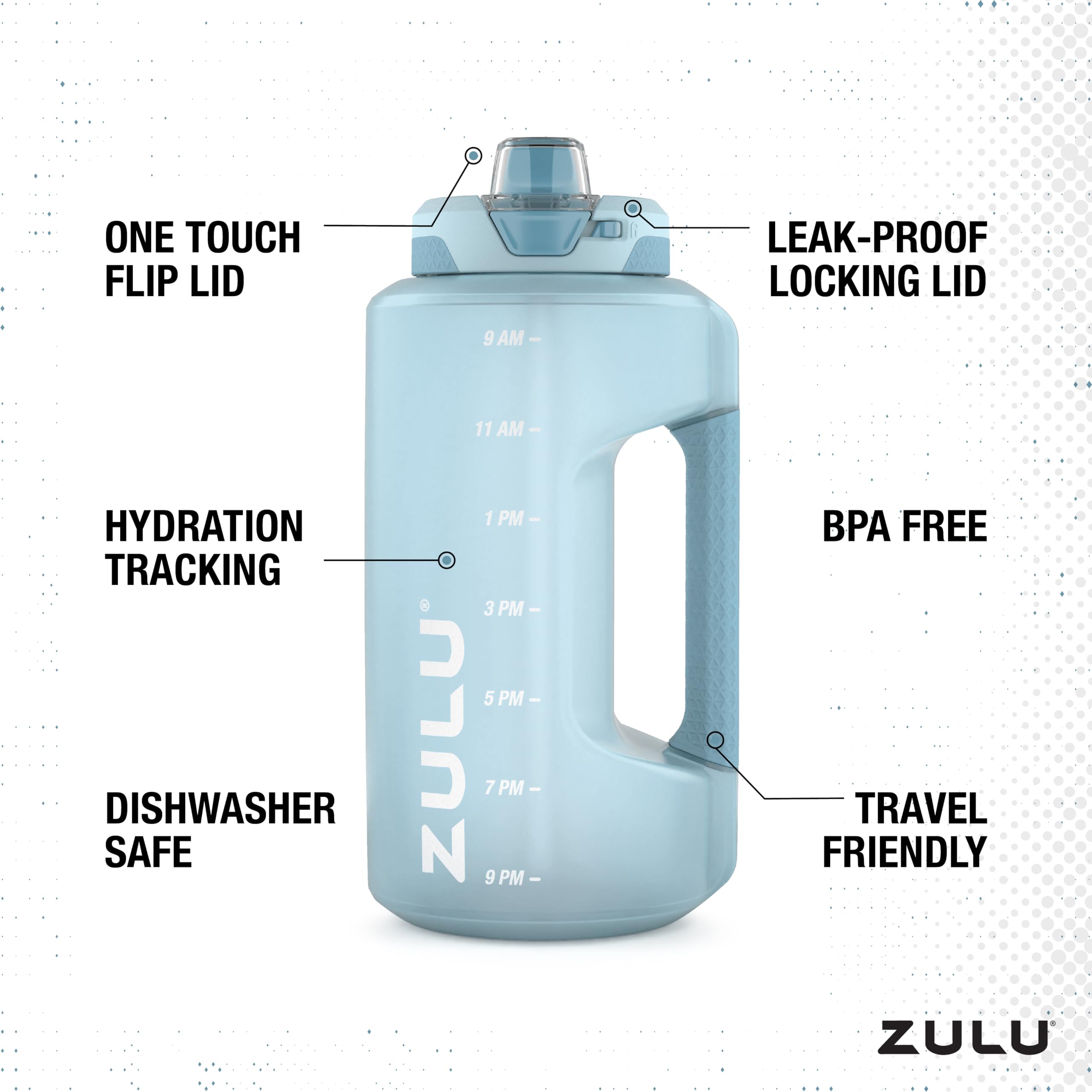 ZULU Goals 64oz Large Half Gallon Jug Water Bottle with Motivational Time Marker, Covered Straw Spout and Carrying Handle, Perfect for Gym, Home, and Sports, Grey