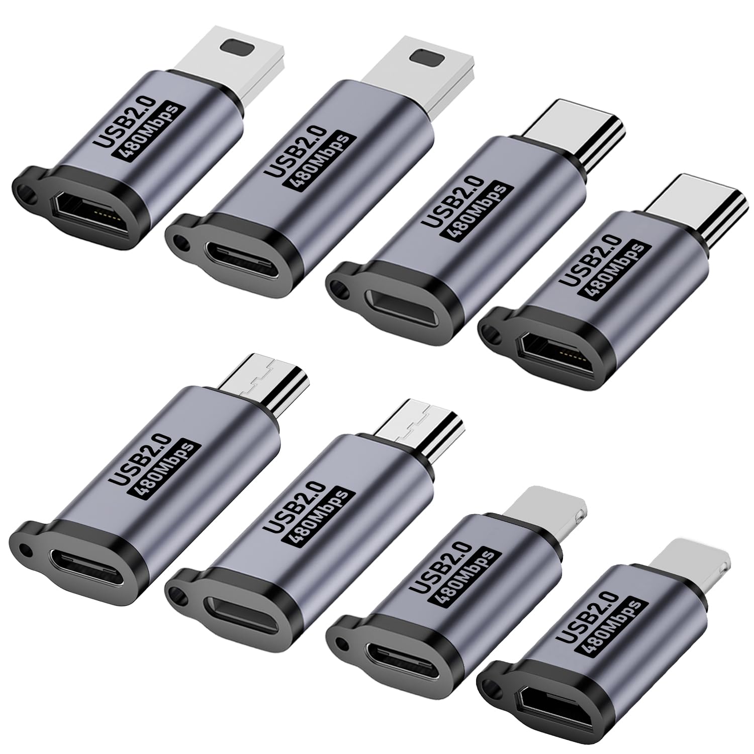 Jadebones USB C/Lighting to Micro USB Adapter, Type C/Micro USB to Lighting Converter, Micro USB/Lighting to USB C Extender, USB C/Micro USB to Mini USB Connector (8 Pack)