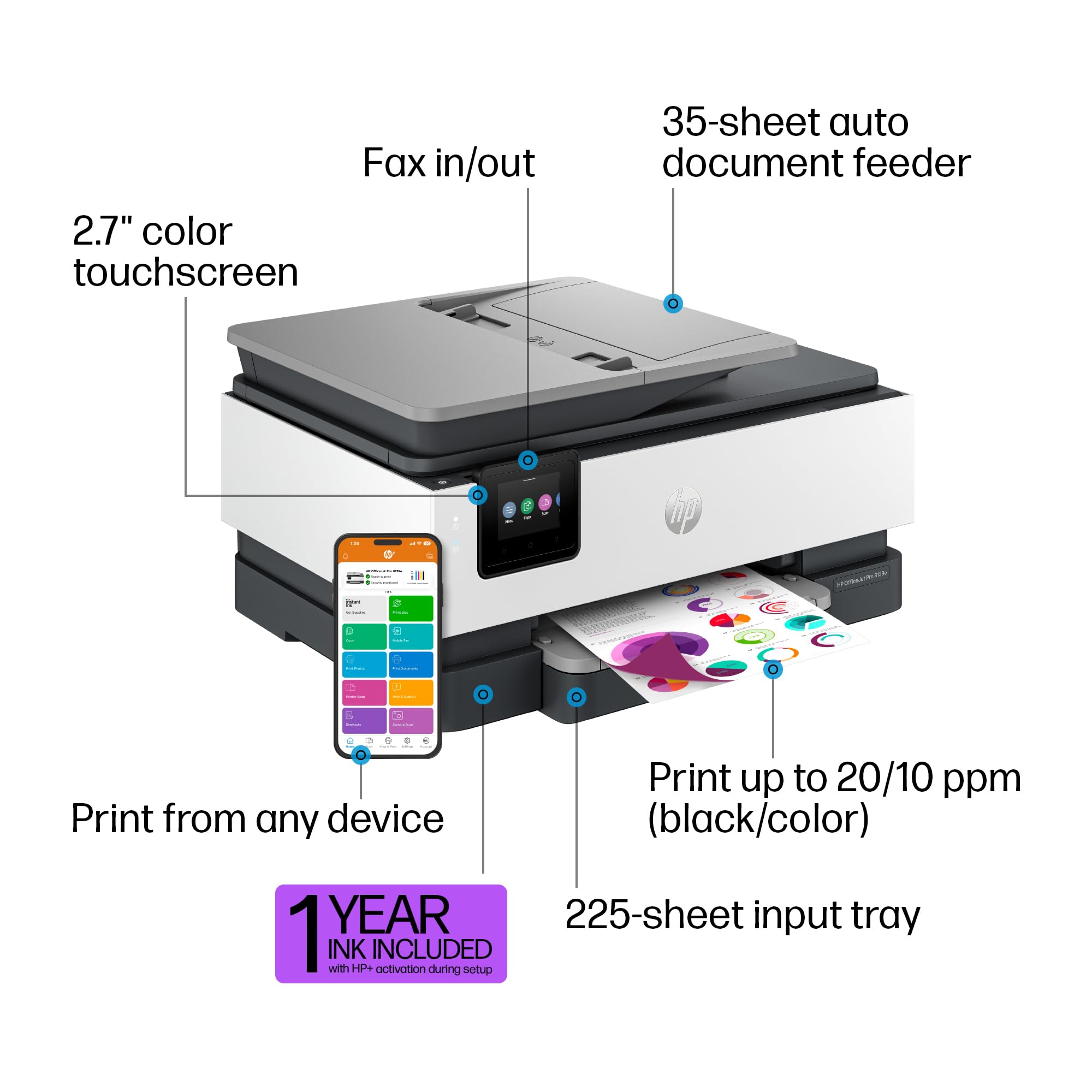 HP OfficeJet Pro 8139e Wireless All-in-One Color Inkjet Printer, Print, scan, Copy, fax, ADF, Duplex Printing Best-for-Home Office, 1 Year Instant Ink Trial Included