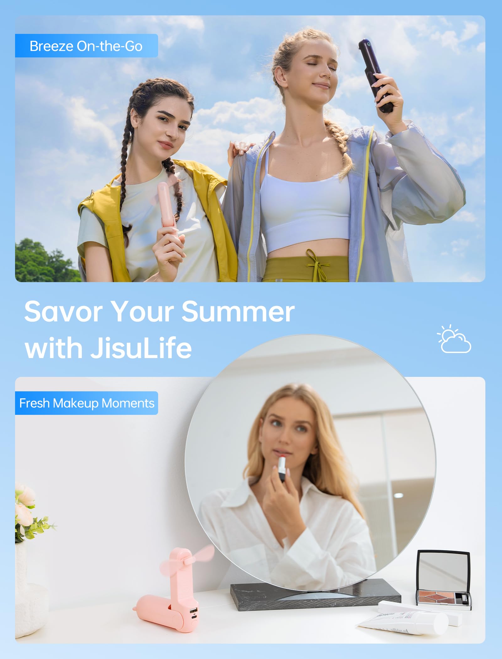 JISULIFE Handheld Mini Fan, 3 IN 1 USB Rechargeable Portable Fan [12-19 Working Hours] with Power Bank, Flashlight, Pocket Design for Travel/Summer/Concerts/Lash, Gifts for Women (Pink)