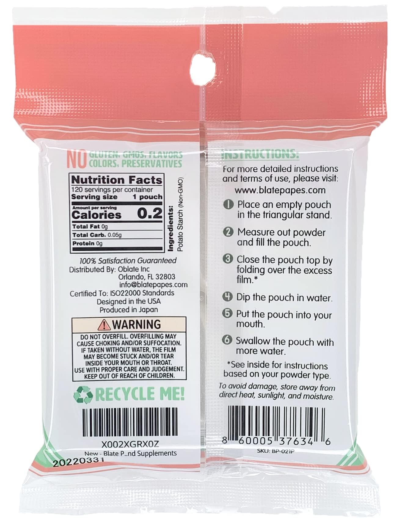 Blate Papes Gel Film Pouches, 120 Count | Edible Films for Taking Herbs and Supplements