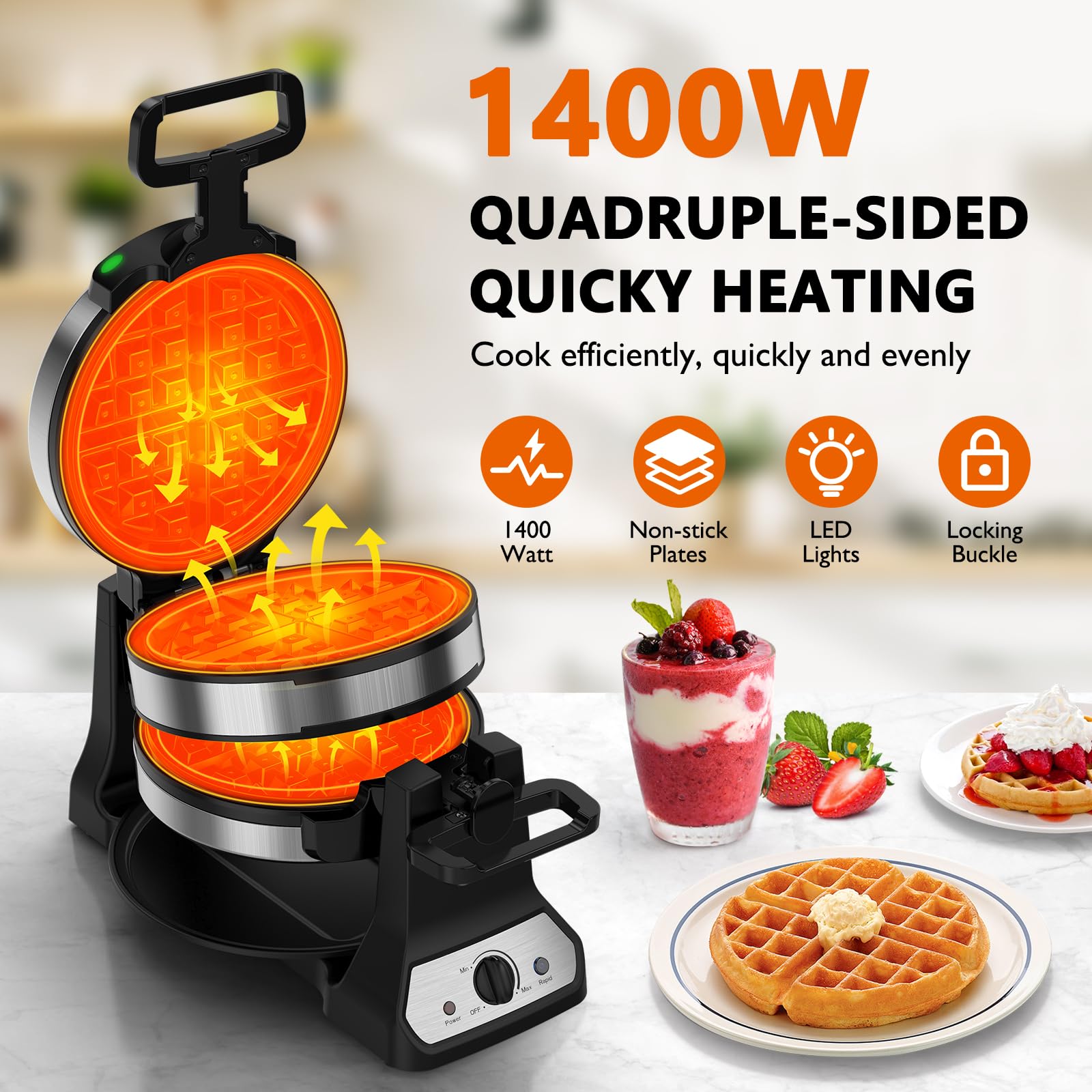 Waffle Maker, 1400W Belgian Waffle Maker, Double Waffle Iron 180° Flip, Rotating Nonstick Plates, Adjustable Browning Control, Locking Buckle & Cool Touch Handle, Removable Drip Tray, Stainless Steel