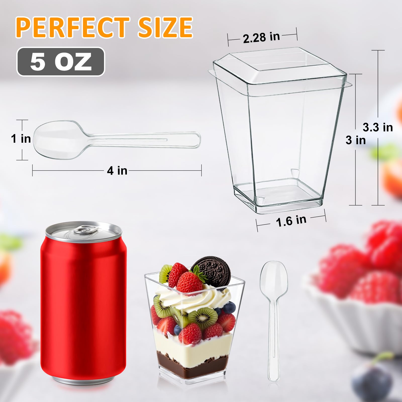 SEANSDA 5oz Plastic Dessert Cups with Lids and Spoons, Clear Yogurt Parfait Cups with Lids, Mini Dessert Cups with Spoons, Small Square Appetizer Cups for Fruit Party Pudding Shooter - 20 Pack