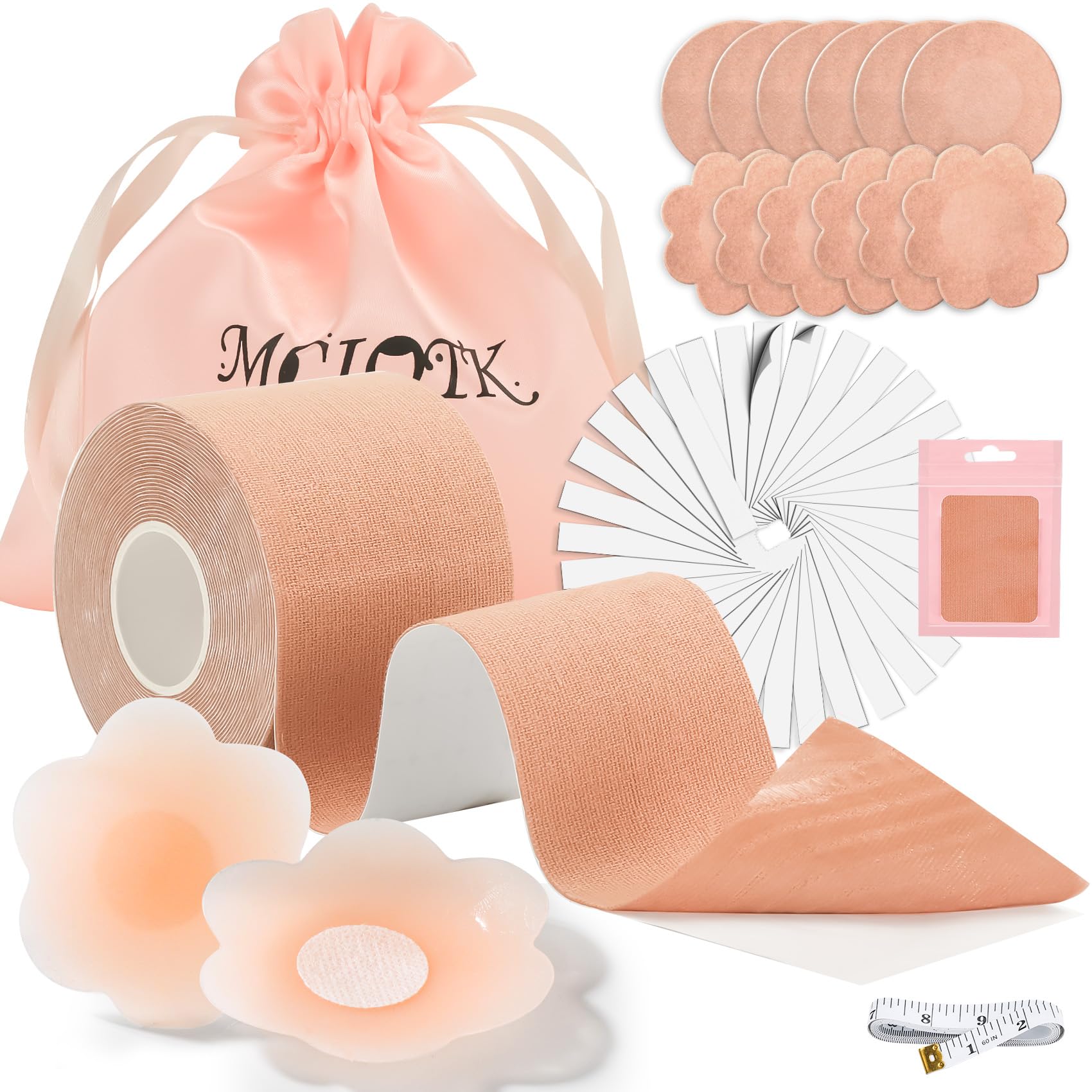 Mciotk Boob Tape Kit - Boobytape for Breast Lift w 1 Body Tape, 2 Pcs Silicone Breast Petals,12 Pcs Satin Nipple Stickers, 36 Pcs Double Sided Tape, BoobTape for Large Breasts A-G Cup Beige