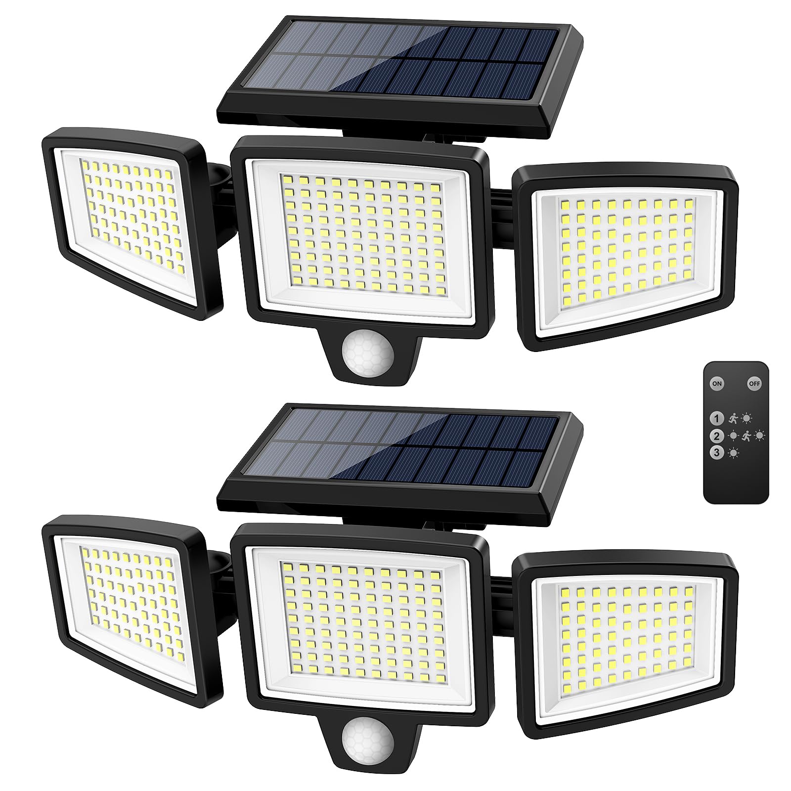 Tuffenough Solar Outdoor Lights 2500LM 210 LED Security Lights with Remote Control,3 Heads Motion Sensor Lights, IP65 Waterproof,270 degrees Wide Angle Flood Wall Lights with 3 Modes(2 Packs)