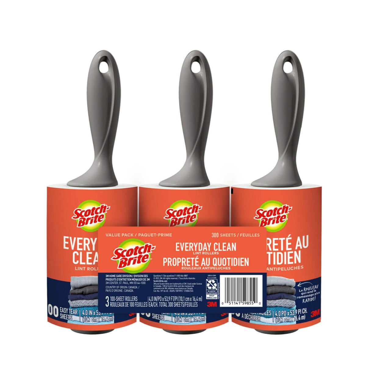 Scotch-Brite Everyday Clean Lint Roller، عبوة من 3، مزيل الوبر لشعر الحيوانات الأليفة، والملابس الداكنة، والأثاث، والأسطح المتربة، يزيل الفراء والوبر في منزلك وسيارتك ومكتبك، إجمالي 300 ورقة لاصقة