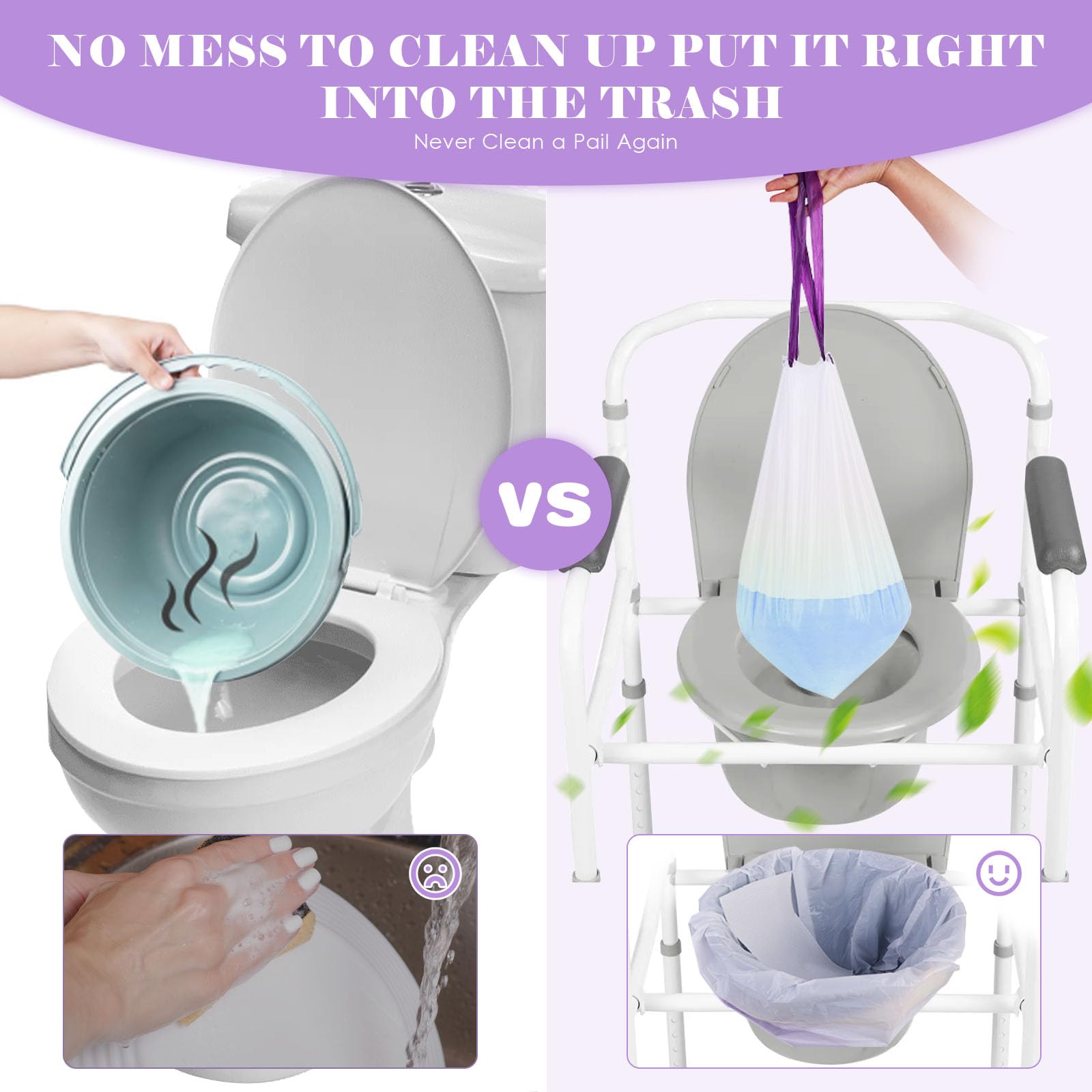 Elzrghs Commode Liners for Bedside Commode, Portable Toilet, Bed Pan, 100 Count Lavender Scented Disposable Potty Chair Liners