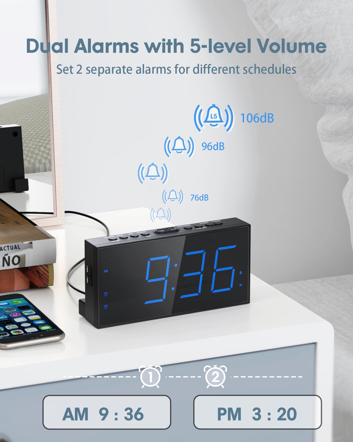 Roxicosly Loud Alarm Clock with Bed Shaker, Vibrating Alarm Clock for Heavy Sleepers/Hard of Hearing/Deaf/Teens, Dual Alarms with 7.5’’ Large LED Display, USB Charger, Dimmer, Snooze & Battery Backup
