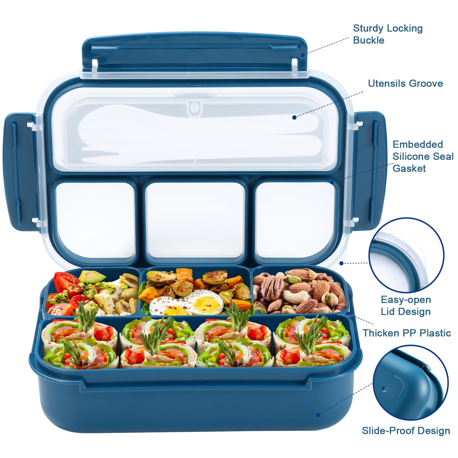 Bento Box Adult Lunch Box, Kids Lunch Containers for School with 4 Compartments, with Utensils, Sauce Jar, Muffin Liners, Microwave Safe, Navy