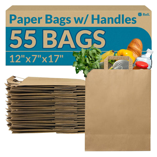 Reli. Paper Grocery Bags with Handles | 55 Pcs Bulk | 12"x7"x17" | Brown Paper Bags/Large Paper Grocery Bags | Kraft Take-Out Bags/Restaurant, Retail, Grocery, Shopping Bags