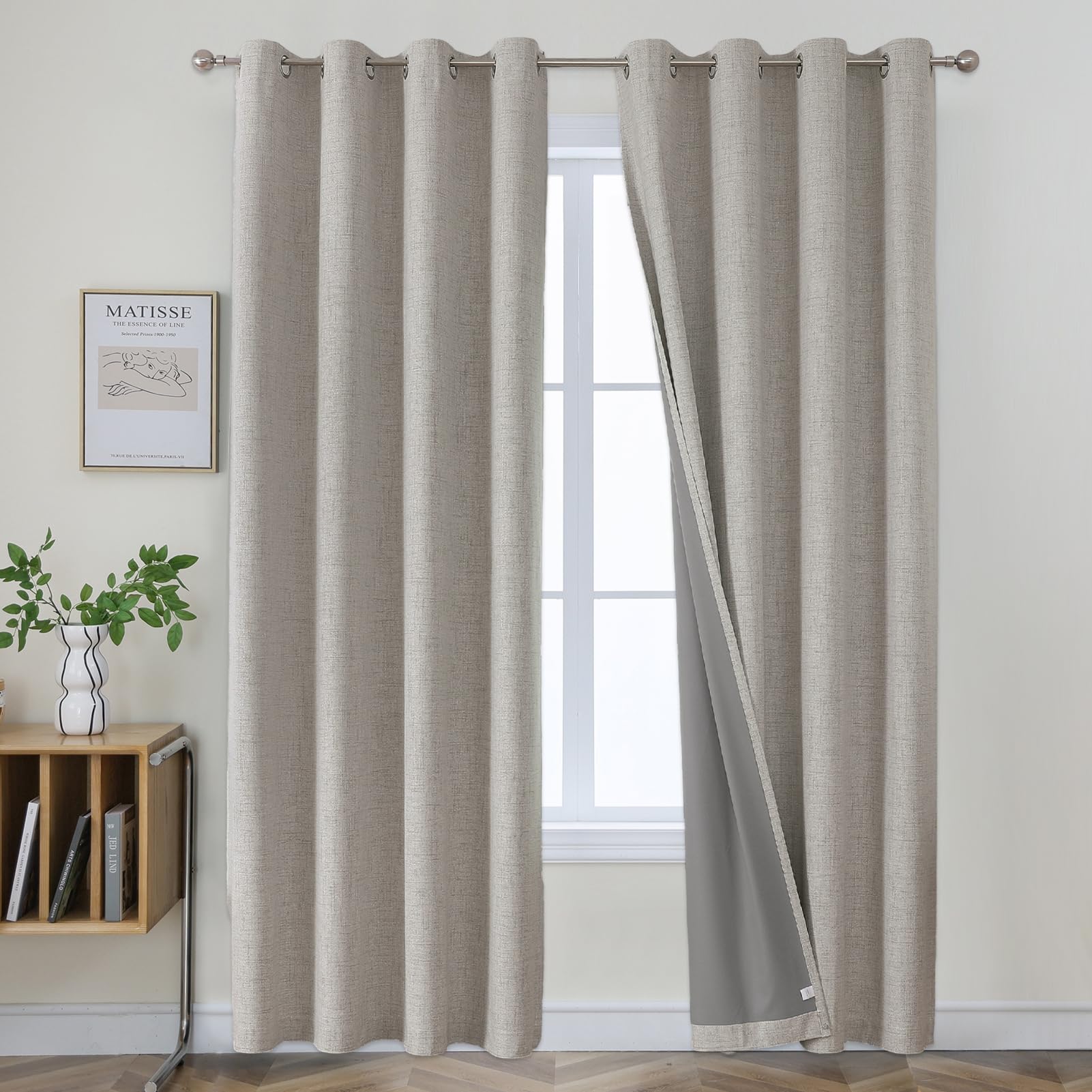 Joydeco 100% Blackout Curtains 96 Inches Long 2 Panels Set, Linen 96 Inch Blackout Curtains 2 Panels, Room Darkening Textured Curtains for Bedroom Living Room Window (52x96 inch,Greyish White)