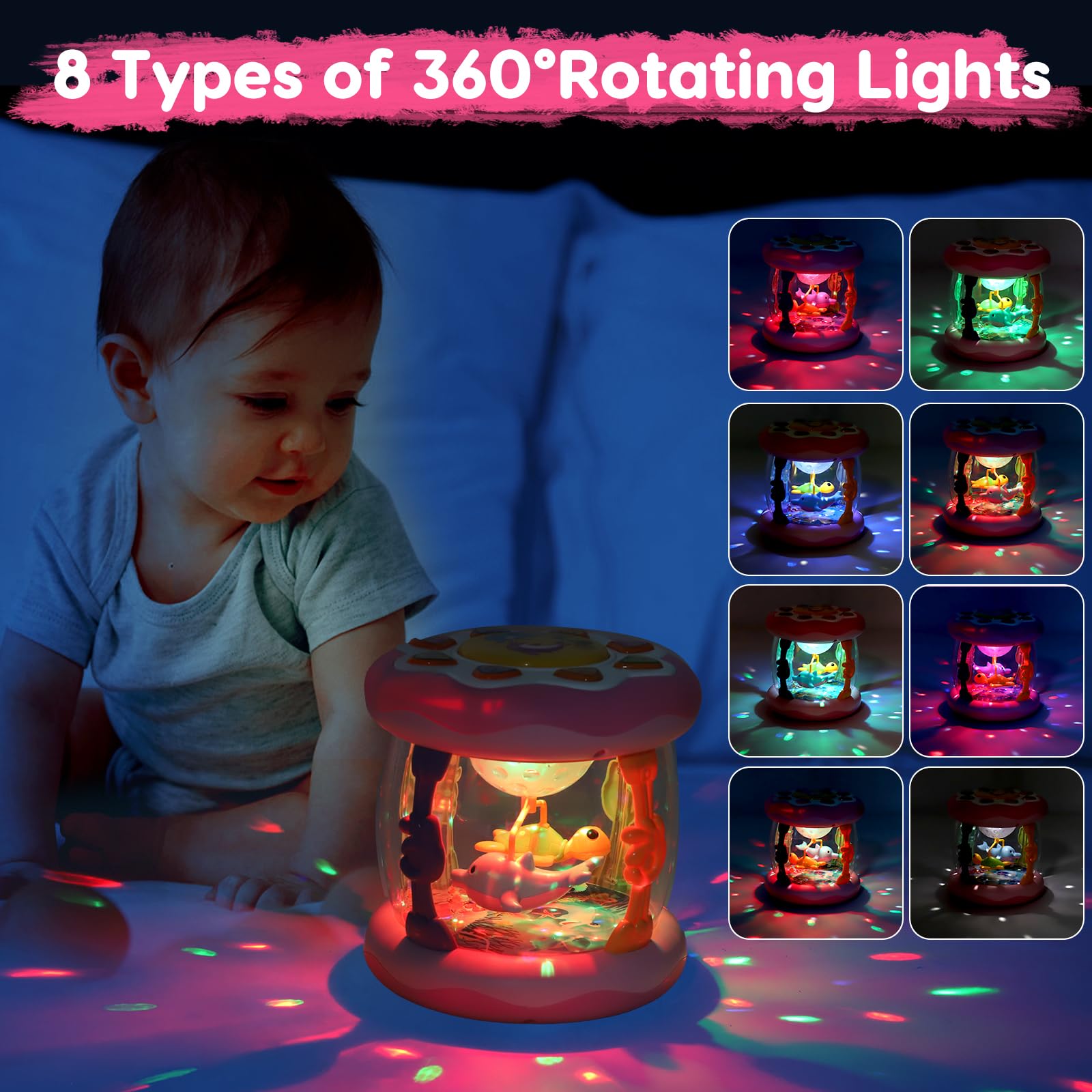Baby Musical Light Up Toys 0-6 Months Tummy Time Ocean Projector Rotating Infant 0-3 4 5 6 7 8 9 Months Baby Aquarium Crawling Pink Toys Babies 6-12 Month Girls 1 2 Year Old Birthday Newborn Gifts