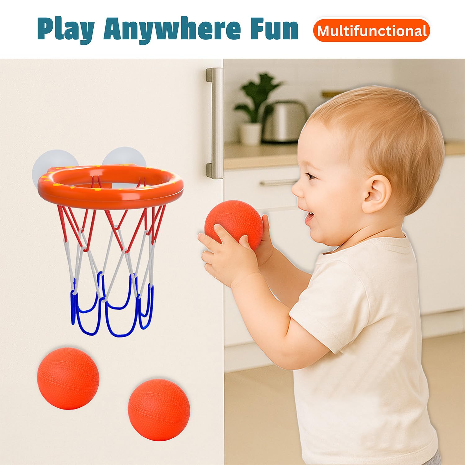 Bath Toys – Bathtub Basketball Hoop for Toddlers, Kids, Boys and Girls | 4 No-Hole Balls & Strong Suction Cups | Fun Basketball Bath Toy for Toddlers