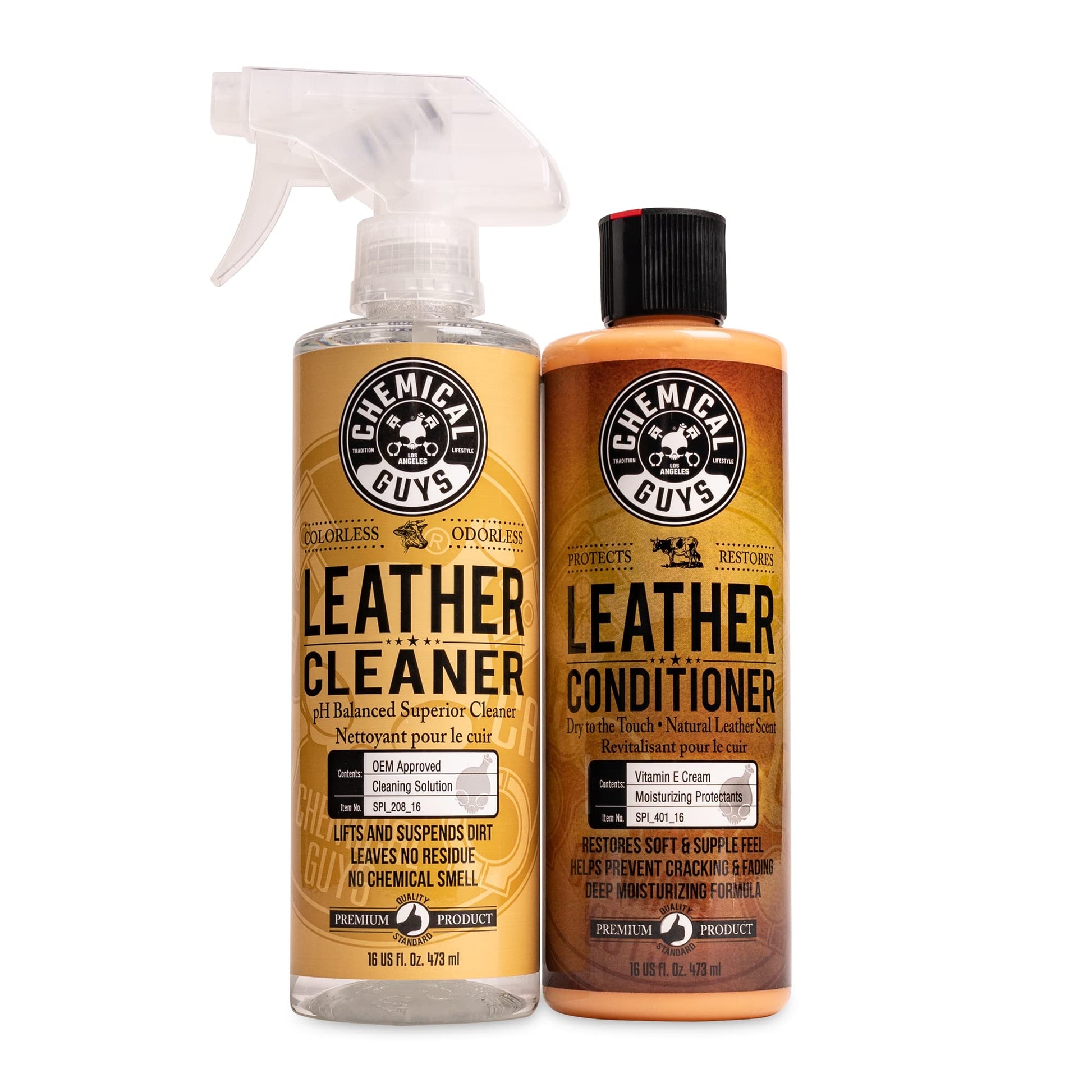 Chemical Guys SPI_109_16 Leather Cleaner and Conditioner Kit for Use on Leather Apparel, Furniture, Car Interiors, Shoes, Boots, Bags & More (2 - 16 fl oz Bottles)