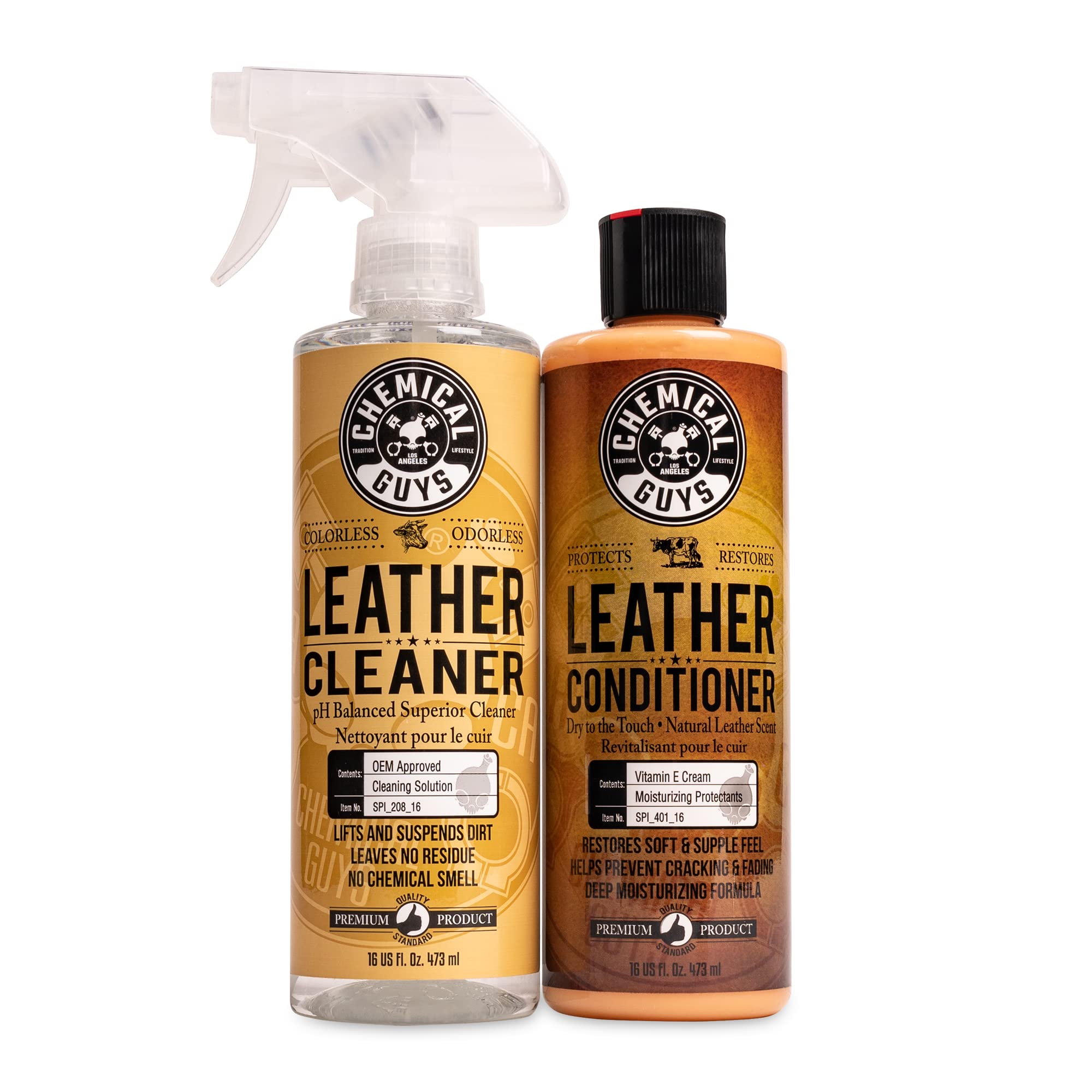 Chemical Guys SPI_109_16 Leather Cleaner and Conditioner Kit for Use on Leather Apparel, Furniture, Car Interiors, Shoes, Boots, Bags & More (2 - 16 fl oz Bottles)