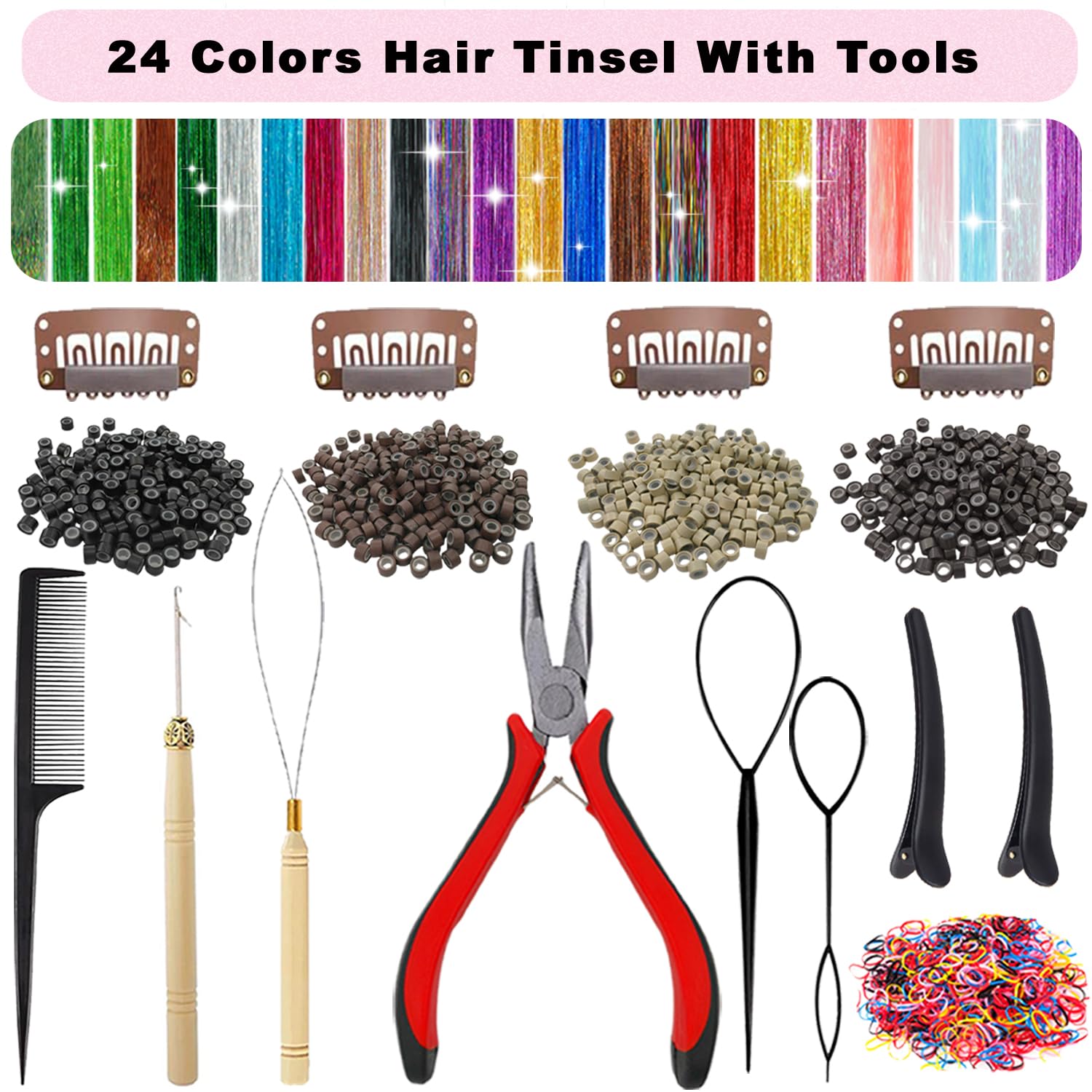Aouuhe Hair Tinsel 24 Colors 7800 Strands Hair Tinsel Kit with Tools 48 Inch Glitter Tinsel Hair Extensions Festive Party Fairy Hair Tinsel Kit for Women Girls Hair Accessories