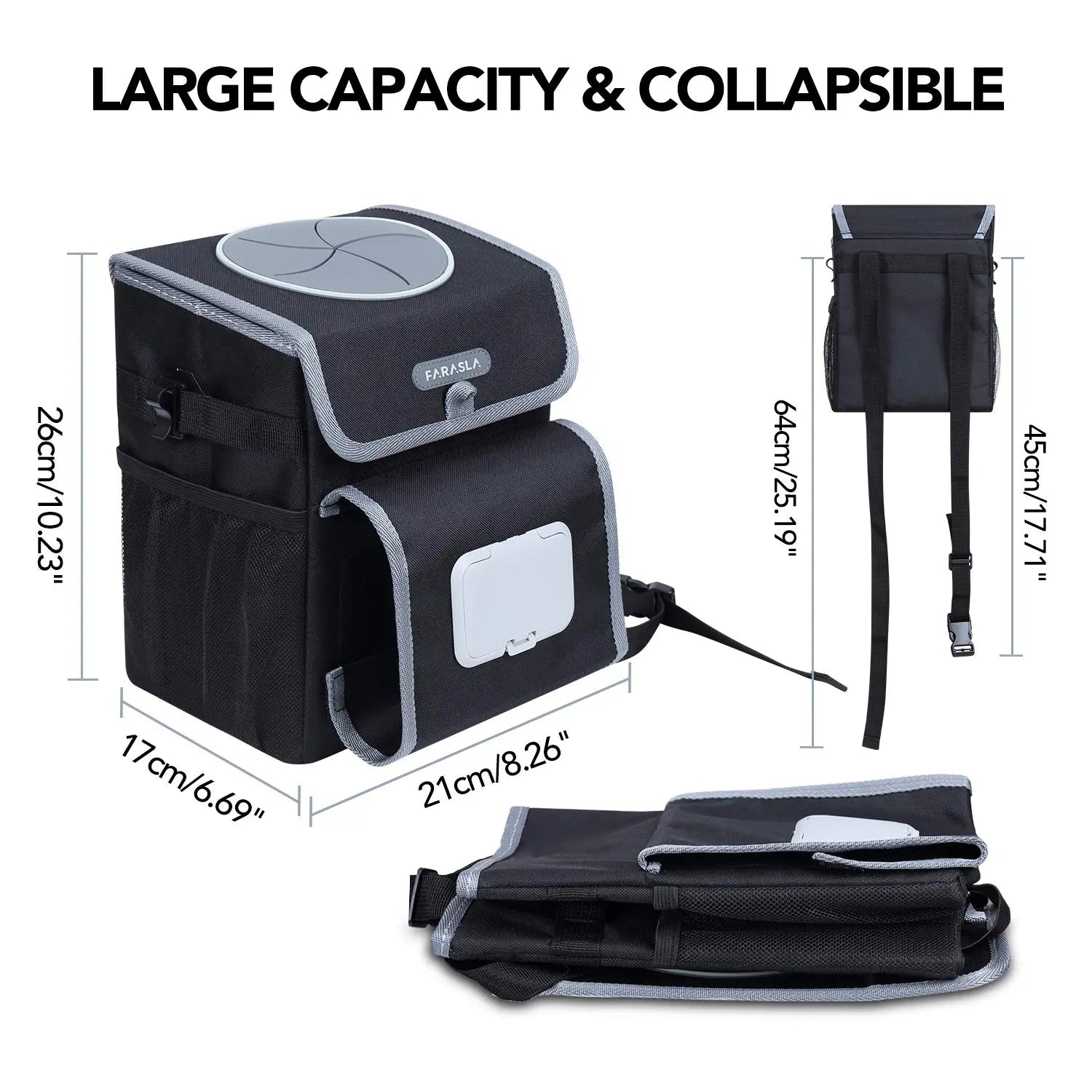 Farasla All-in-One Car Trash Can, Garbage Bag for Car with Removable Leakproof Interior Liner, Adjustable Tissue Holder & Straps(Black)