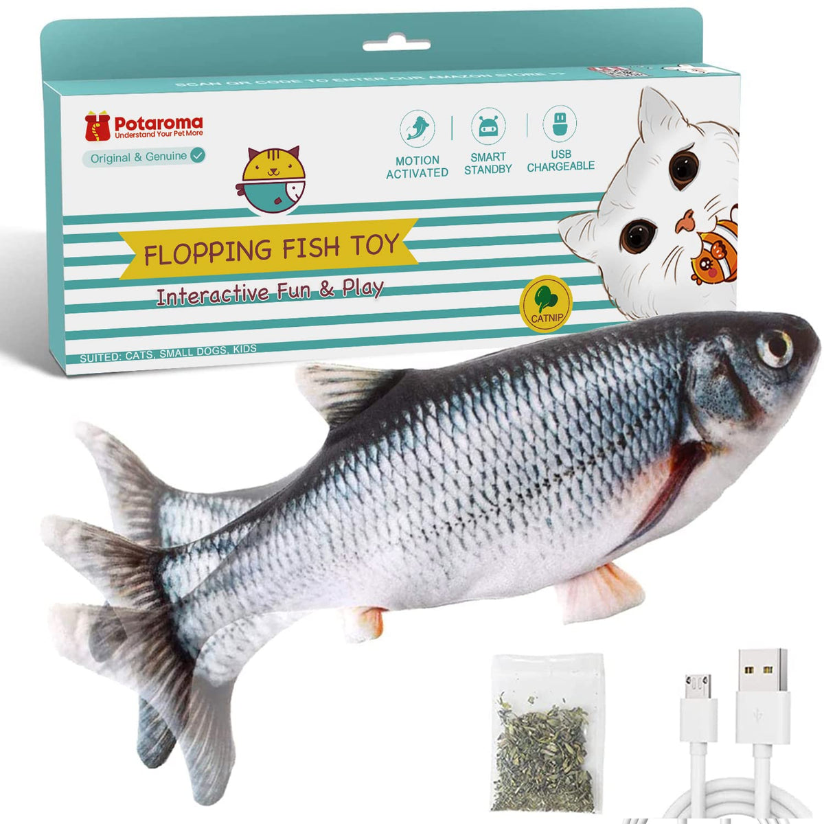 Potaroma Katzenspielzeug „Flopping Fish“ mit Katzenminze, sich bewegender Kitten-Kicker, weicher Wackel-Karpfen für kleine Hunde, interaktives Bewegungskätzchen-Trainingsspielzeug, 26,7 cm