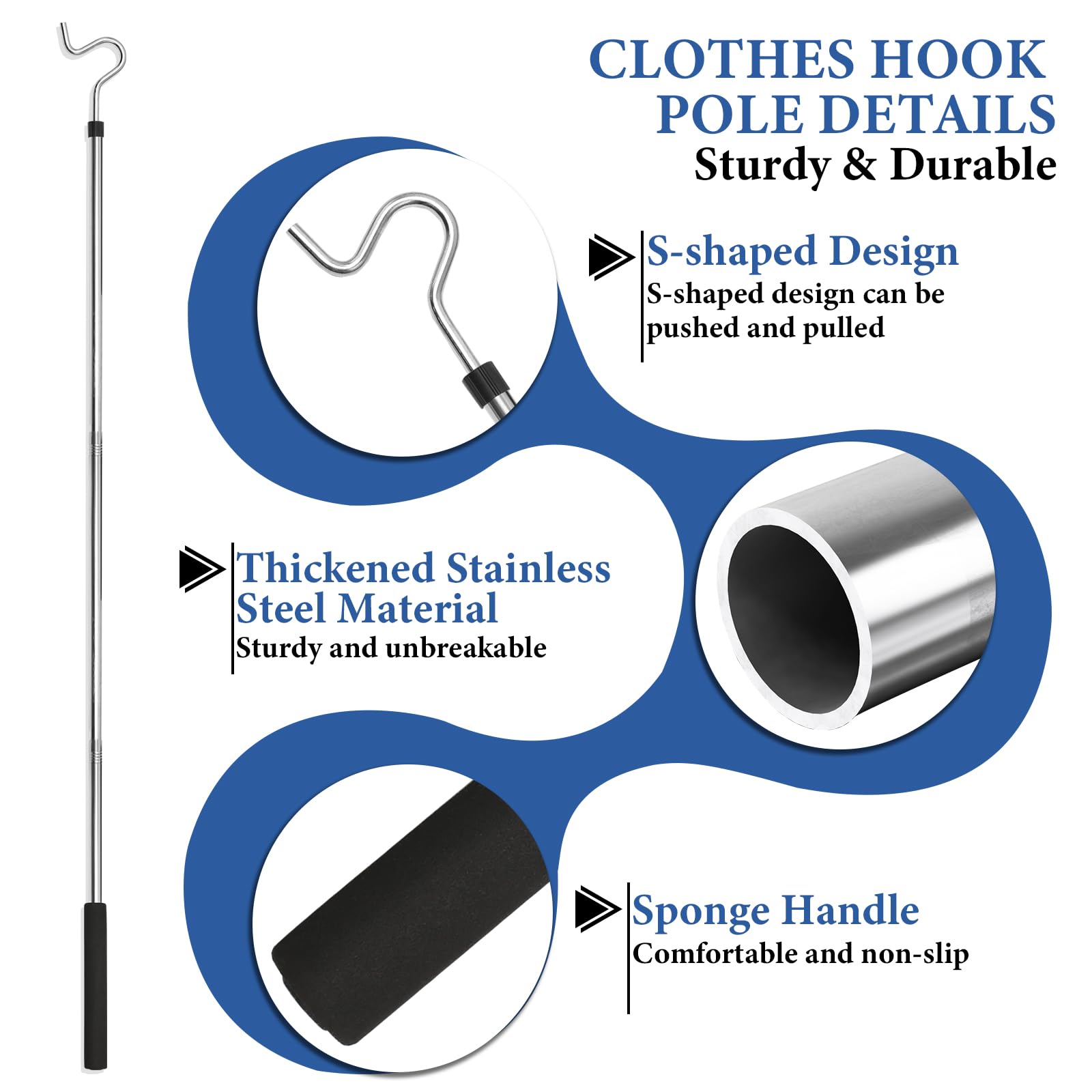 Greeily Clothes Hook Pole, Clothes Hanger Reaching Hook for Hanging Clothes Light and Plants Extendable from 35" to 50" Made of Stainless Steel Tube with Sponge Handle (50inch)