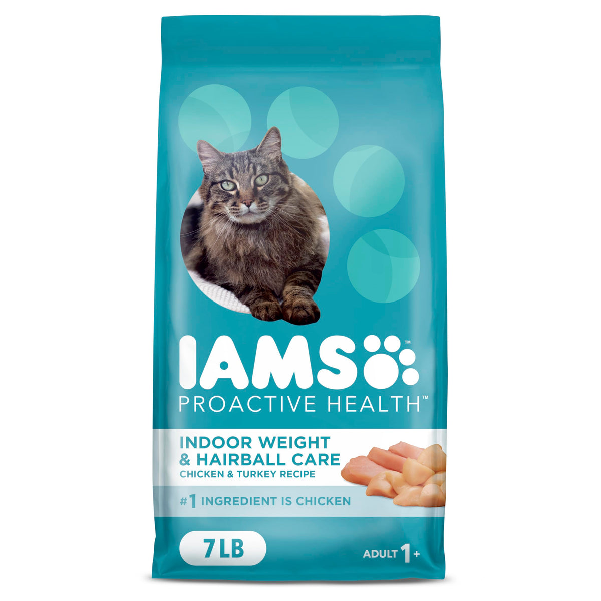 IAMS Proactive Health Trockenfutter für erwachsene Katzen, Indoor, zur Gewichtskontrolle & Haarballenpflege, Rezeptur mit Huhn & Pute, 3,18 kg Beutel