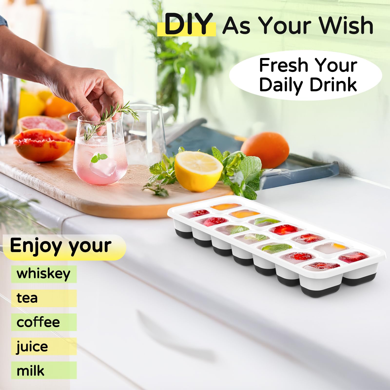 Ice Cube Tray 5 Pack, Stackable Silicone Ice Cube Trays with Lid– Easy Release Reusable Ice Tray, BPA-Free Rectangular Ice Cube Mold Set for Cocktails, Coffee, Whiskey & Drinks- Black