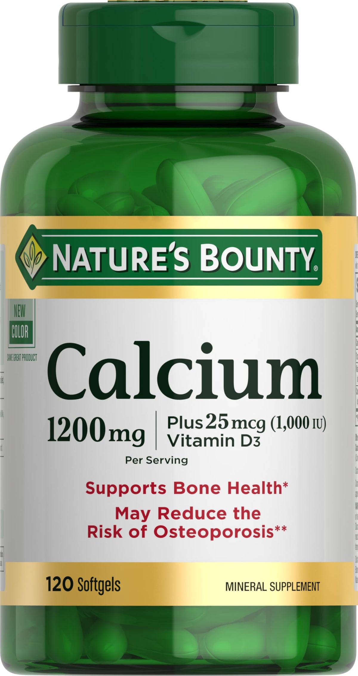 Nature's Bounty Calcium 1200 mg with 1000 IU Vitamin D3 - كبسولات جيلاتينية لينة لدعم صحة العظام، مكمل كالسيوم وفيتامين د، خالٍ من الغلوتين، كبسولتان جيلاتينيتان لينة يوميًا، 120 كبسولة (عبوة من 1)