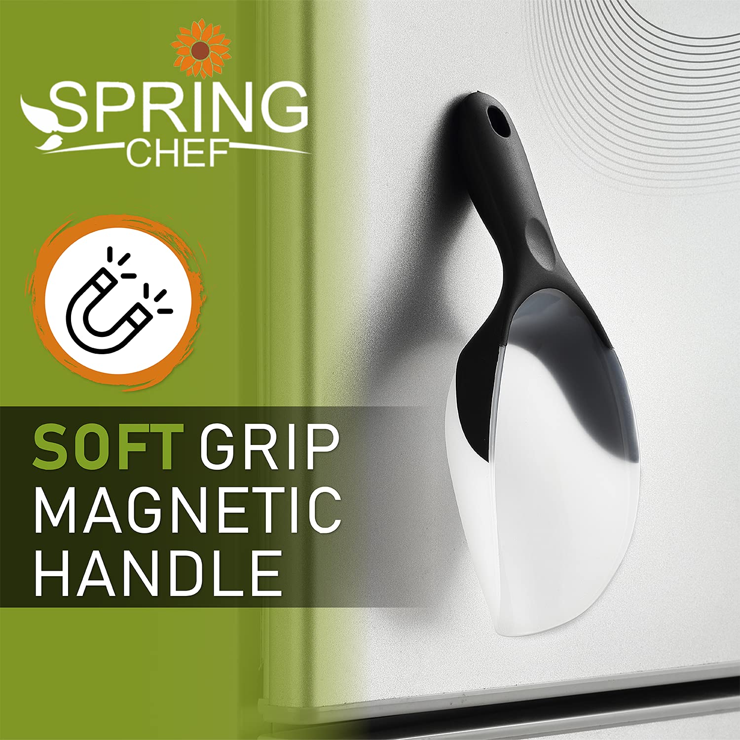 Spring Chef Magnetic Ice Scoop for Freezer - BPA-Free Flexi-Plastic Popcorn Scoop with Soft Grip Handle - Dishwasher Safe Ice Scooper - Kitchen Food Scooper for Flour, Grains, Candy, Pet Food - Black